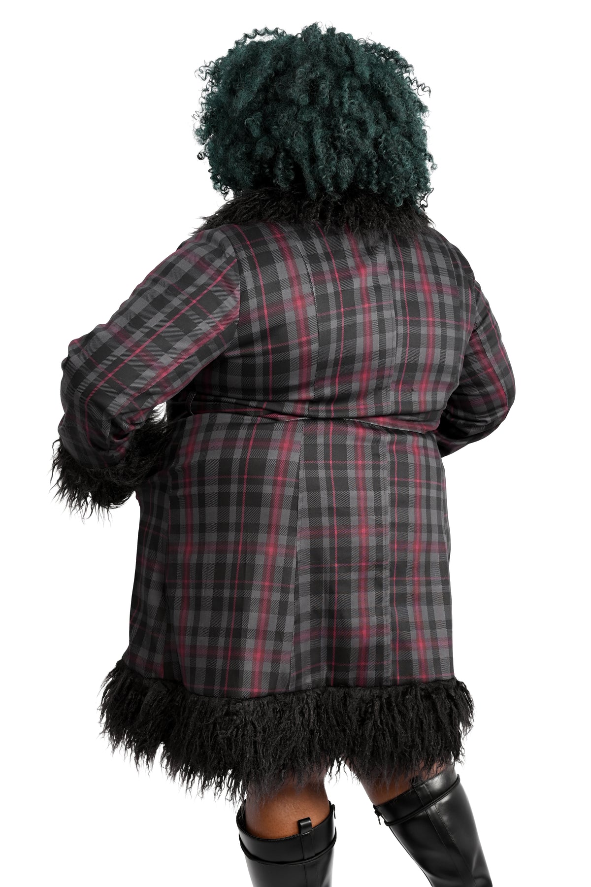 long grey and burgundy plaid coat with faux fur trim