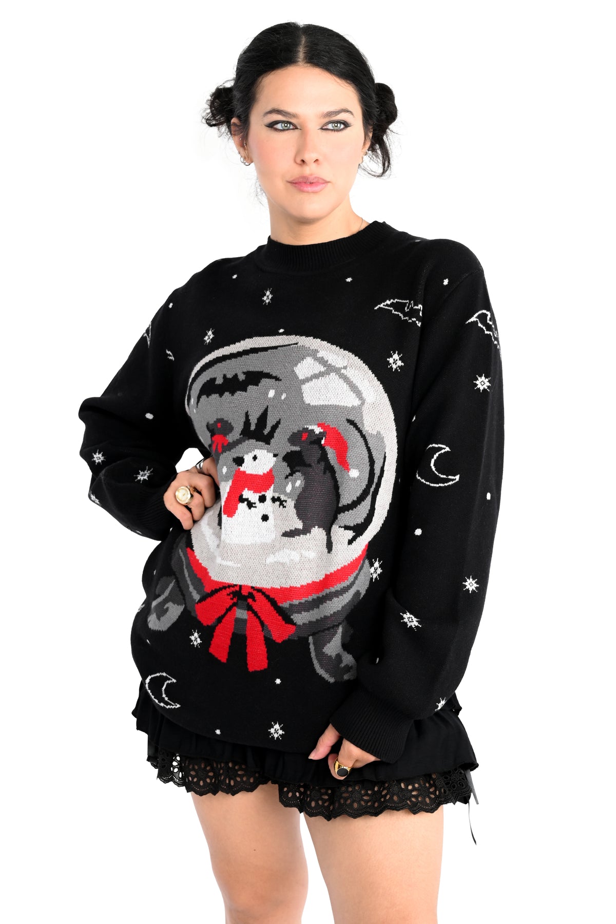 black holiday sweater with a snowglobe featuring 2 rats building a rat snow man