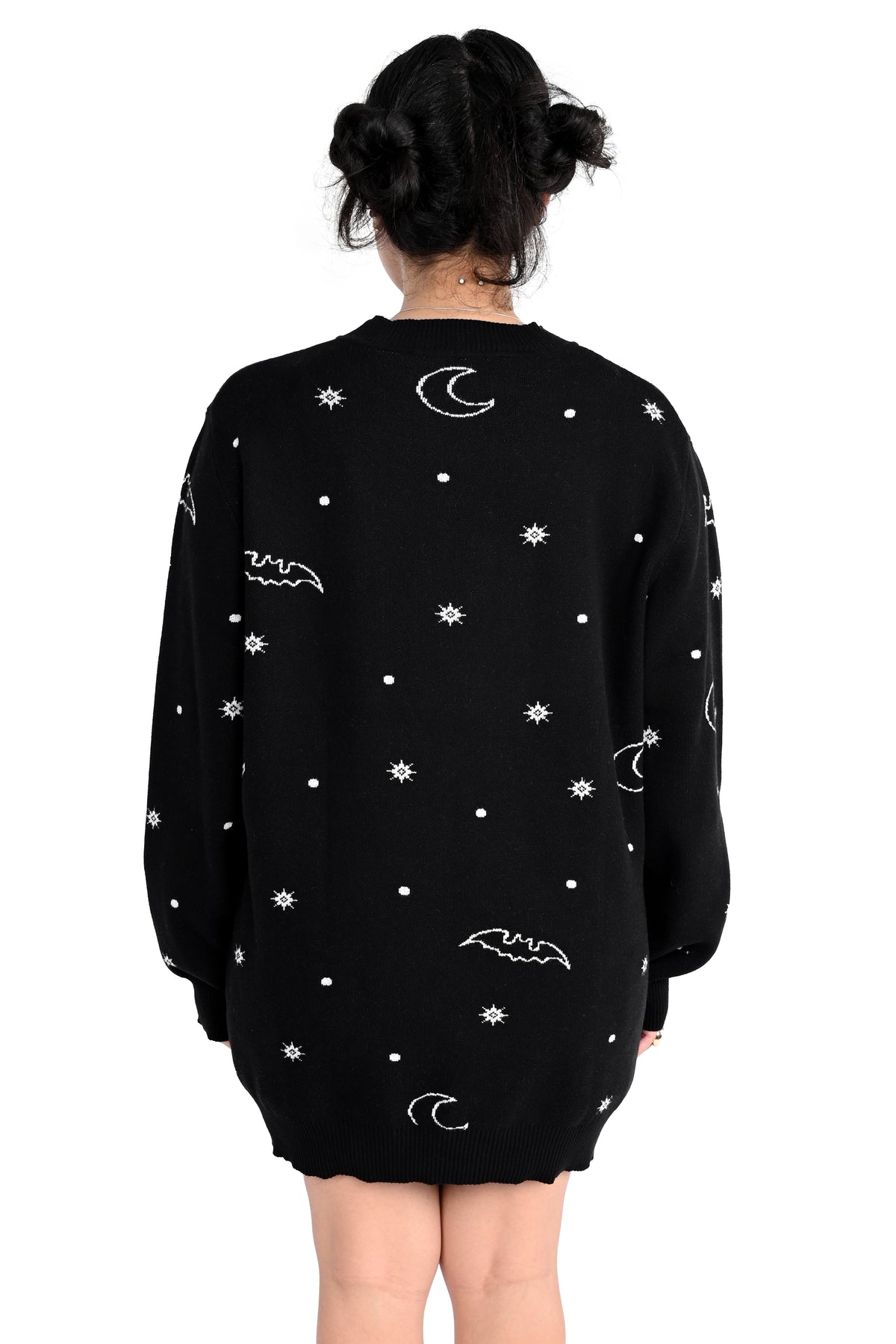 black holiday sweater with a snowglobe featuring 2 rats building a rat snow man