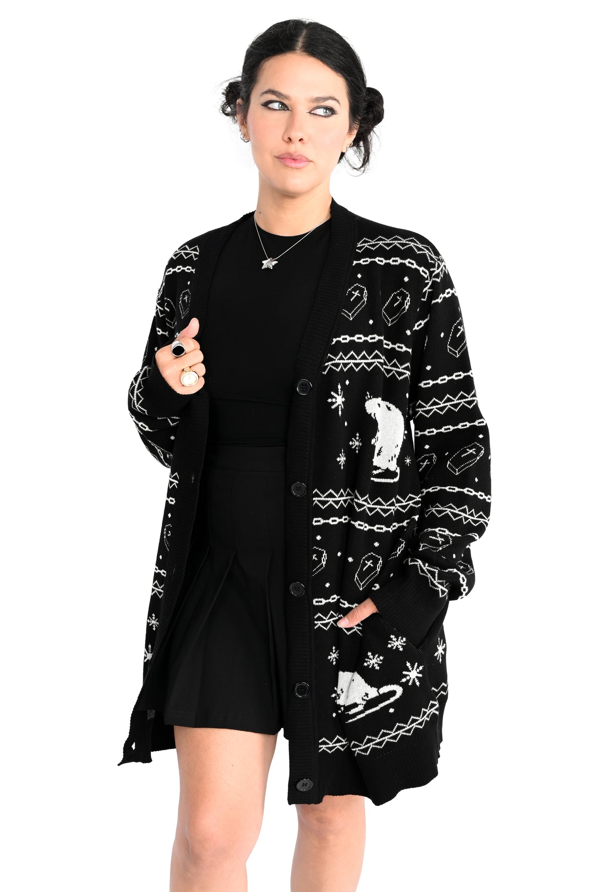Black button up cardigan featuring little rats, snowflakes, chains and coffins