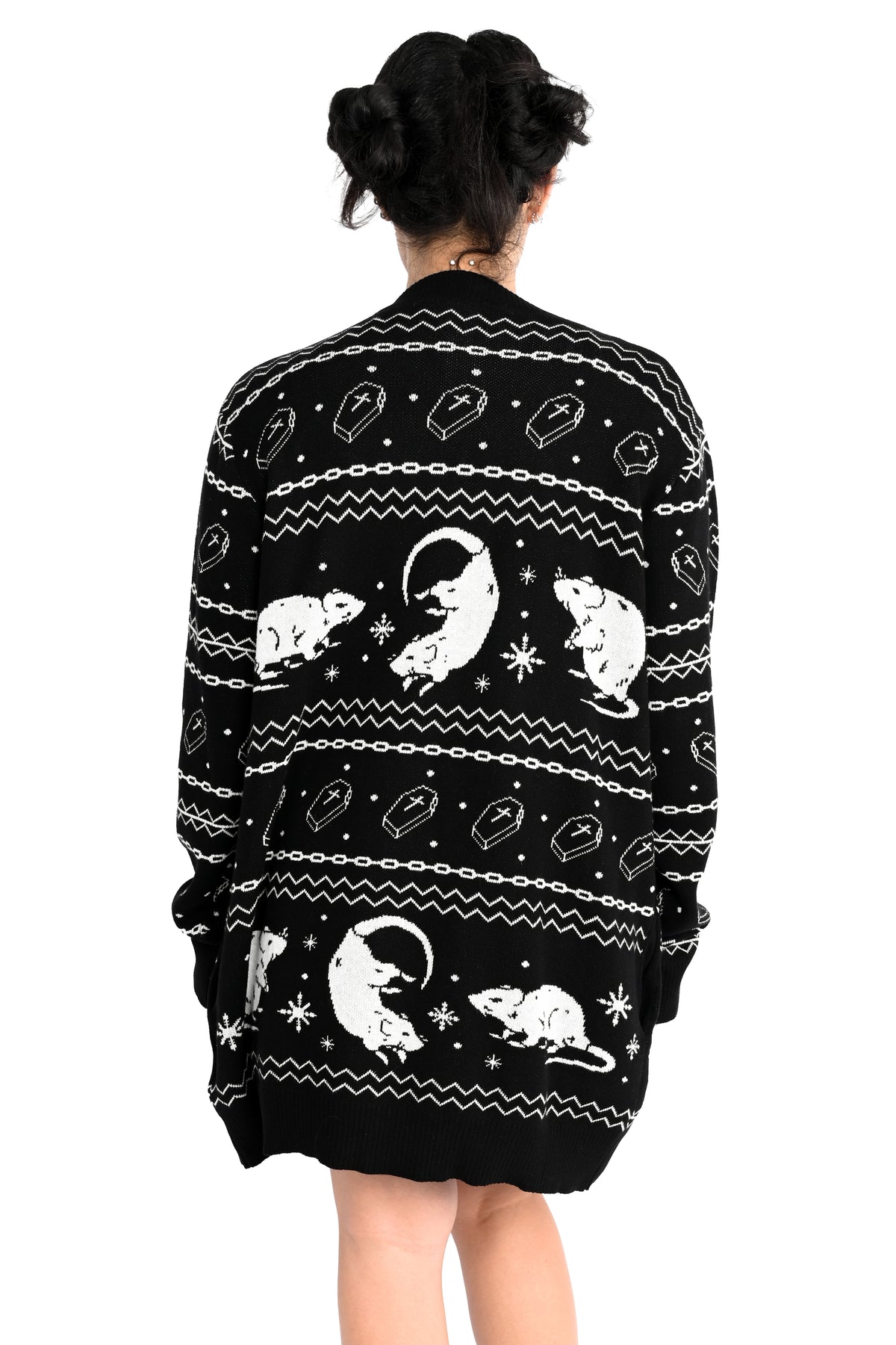 Black button up cardigan featuring little rats, snowflakes, chains and coffins