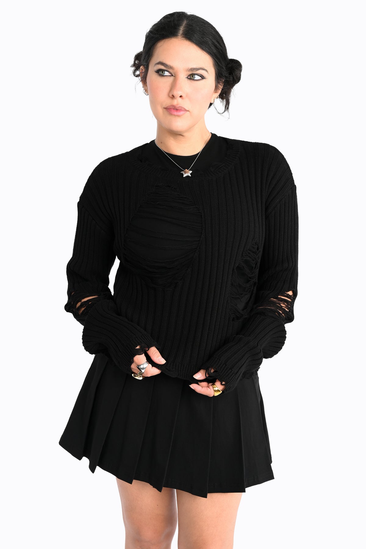 black ribbed shredded sweater with distressing all over