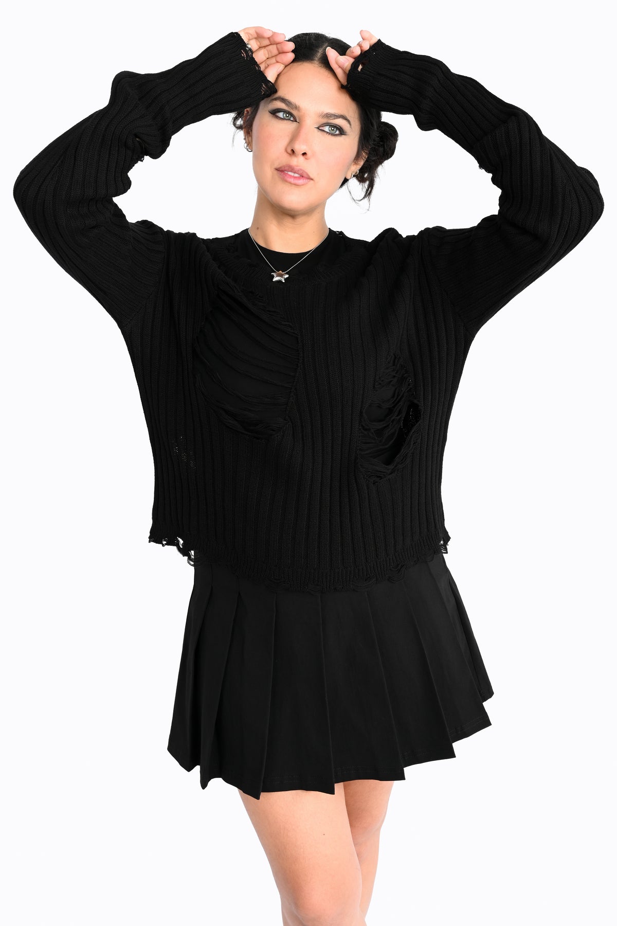 black ribbed shredded sweater with distressing all over