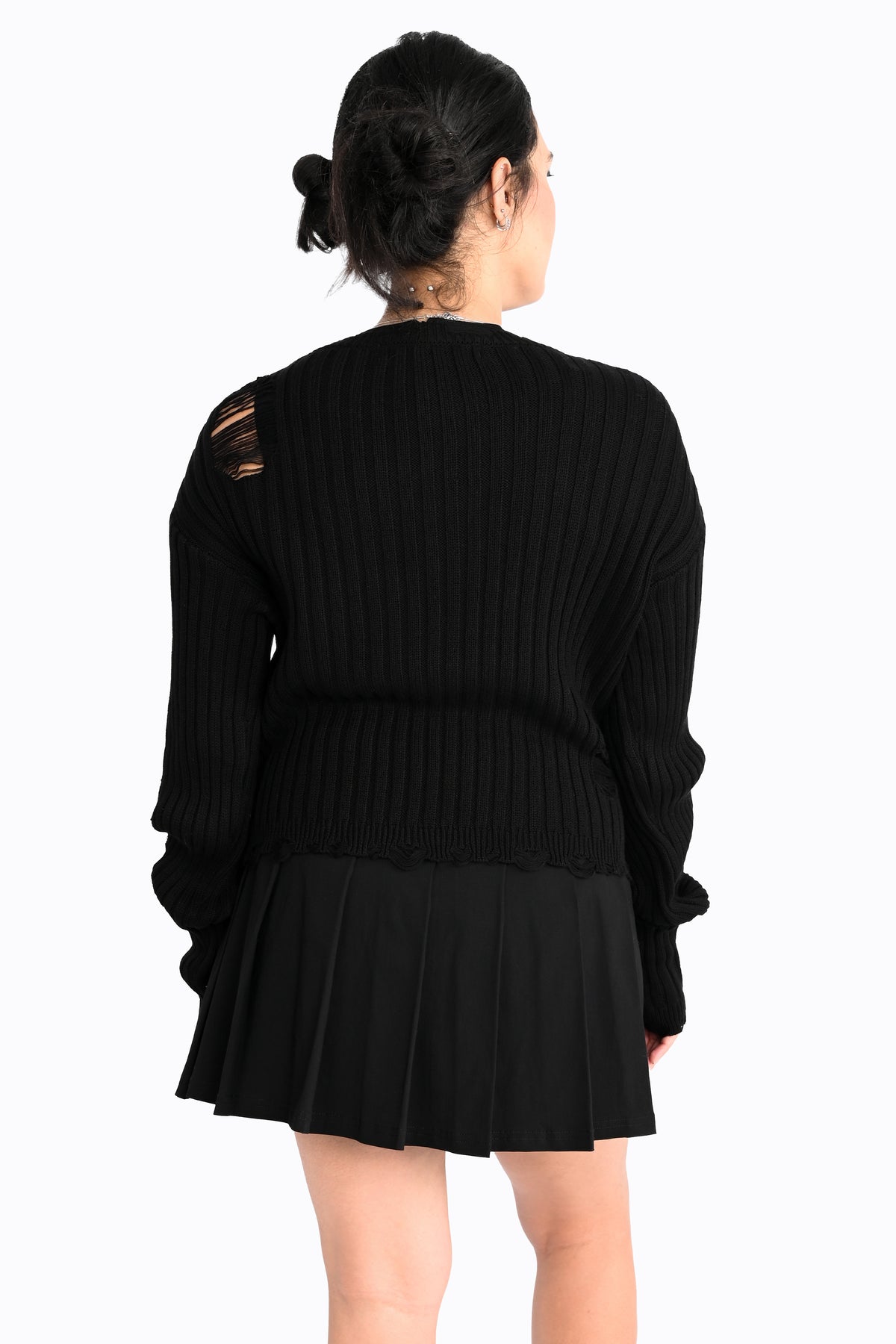 black ribbed shredded sweater with distressing all over