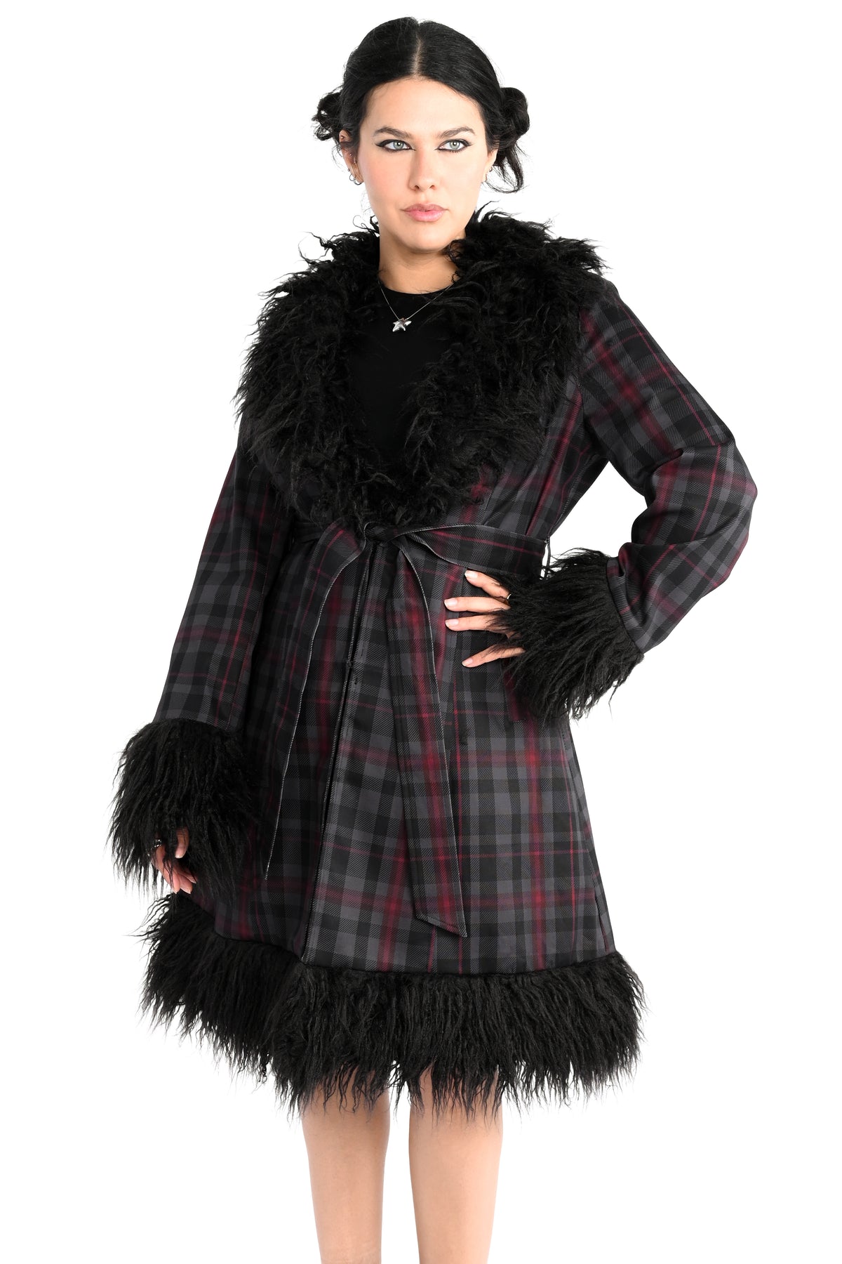 long grey and burgundy plaid coat with faux fur trim