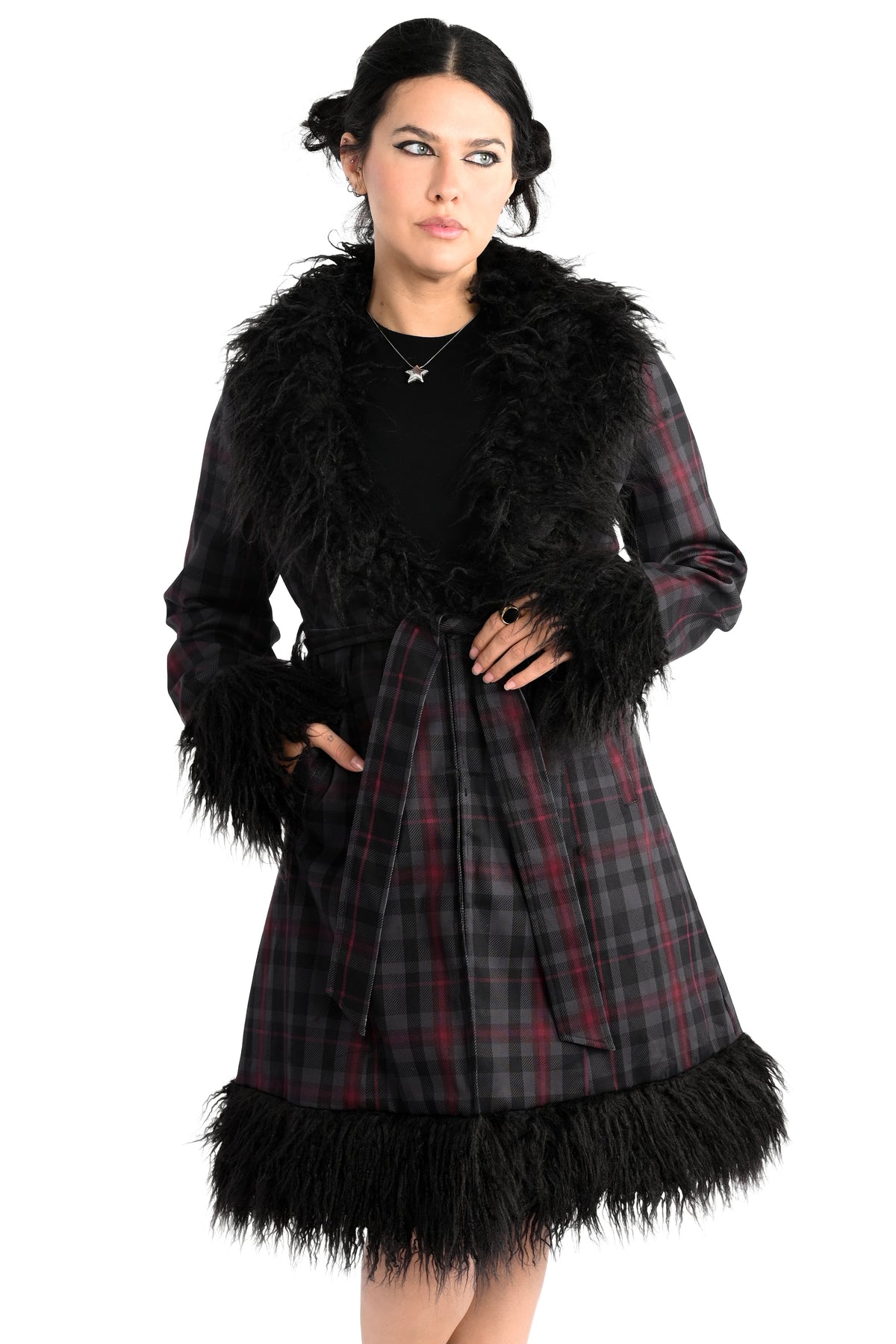 long grey and burgundy plaid coat with faux fur trim