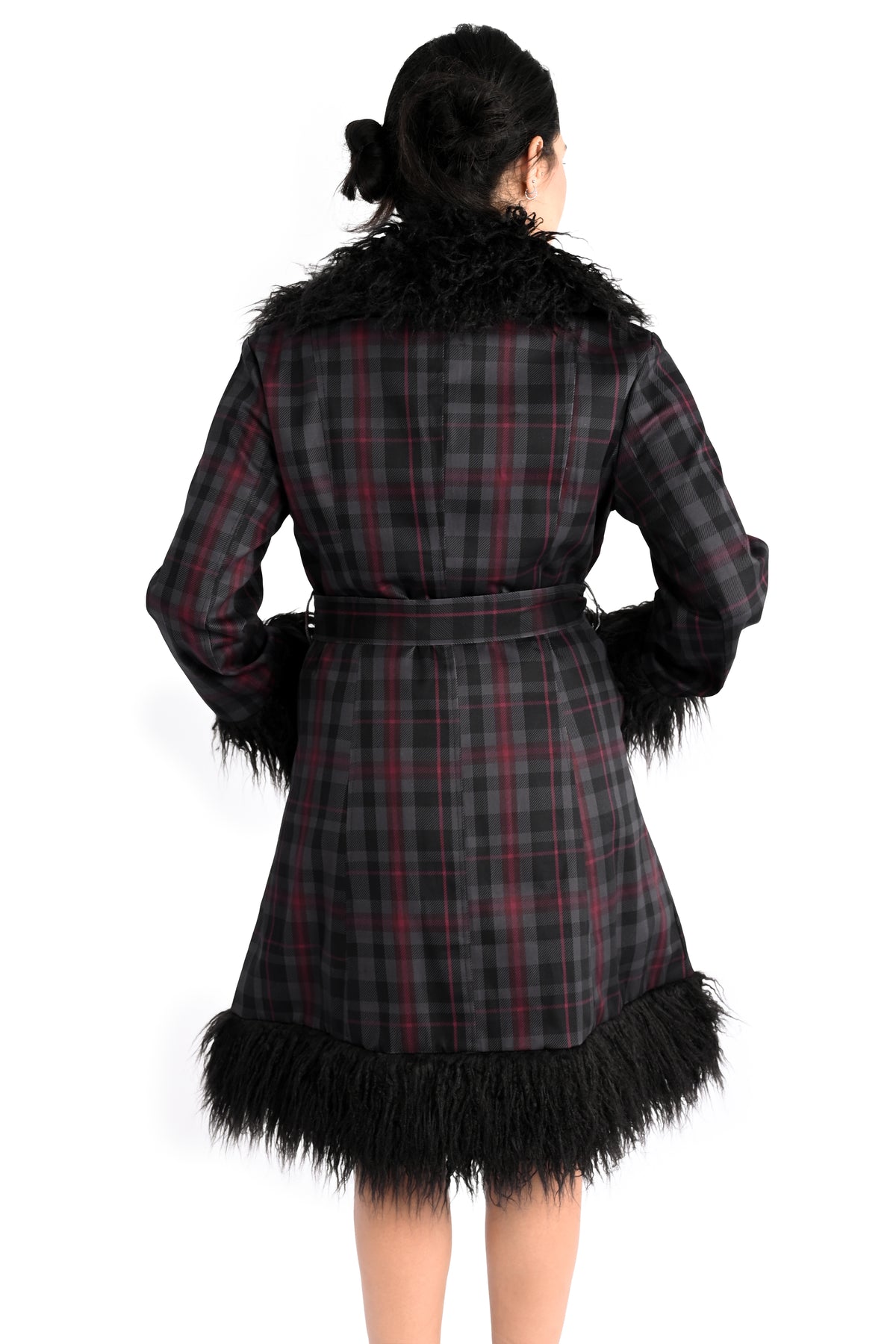 long grey and burgundy plaid coat with faux fur trim