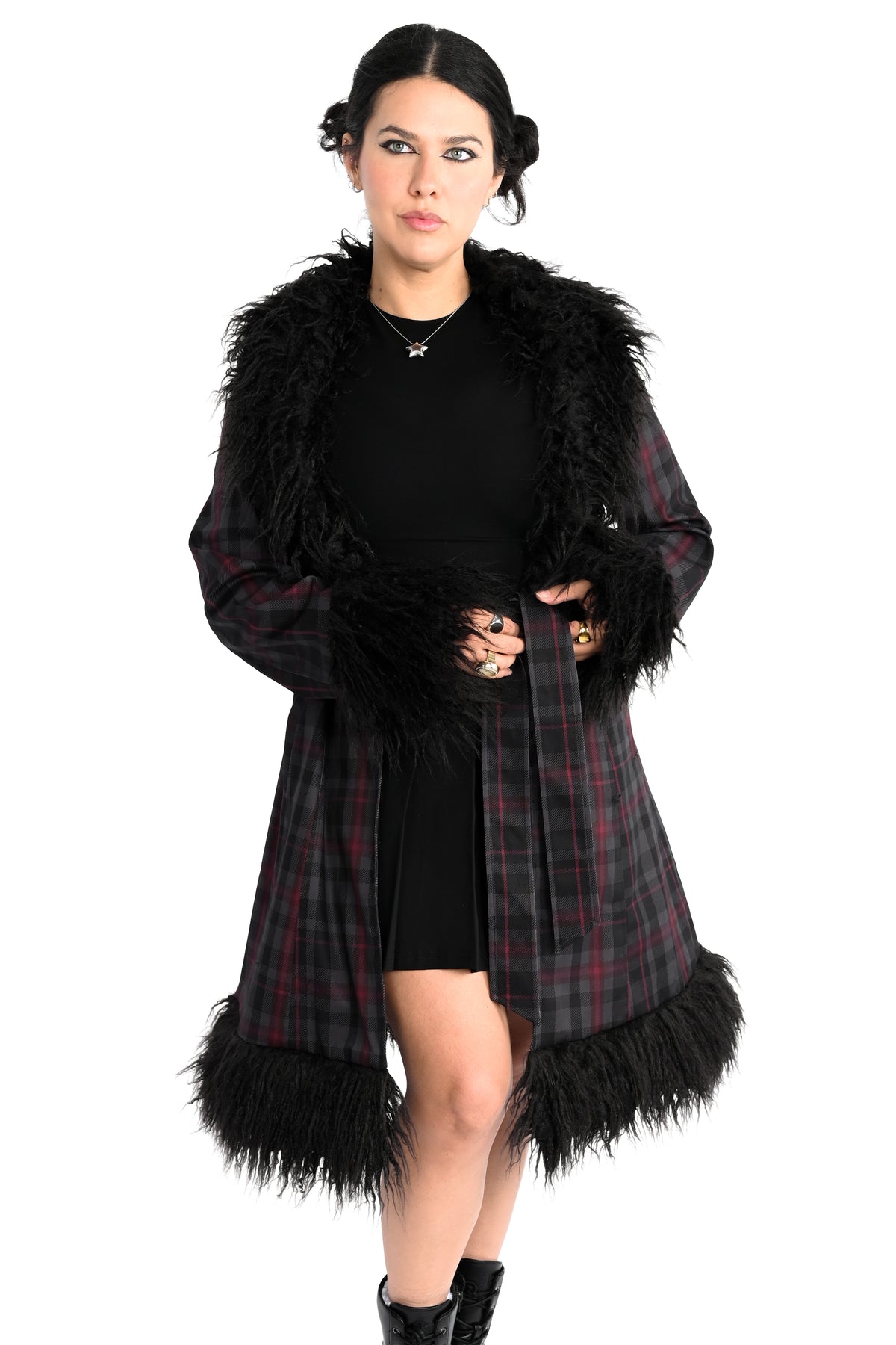 long grey and burgundy plaid coat with faux fur trim