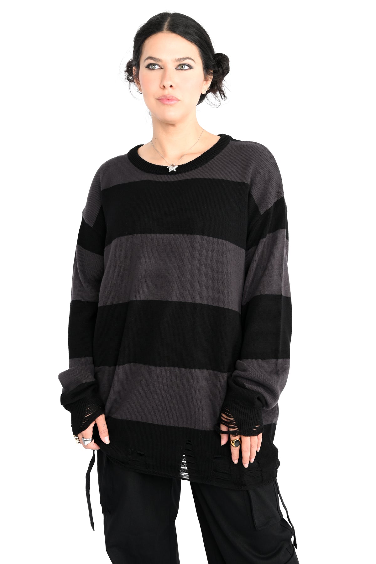 Black and grey striped sweater tunic with distressing on the bottom hem and cuffs