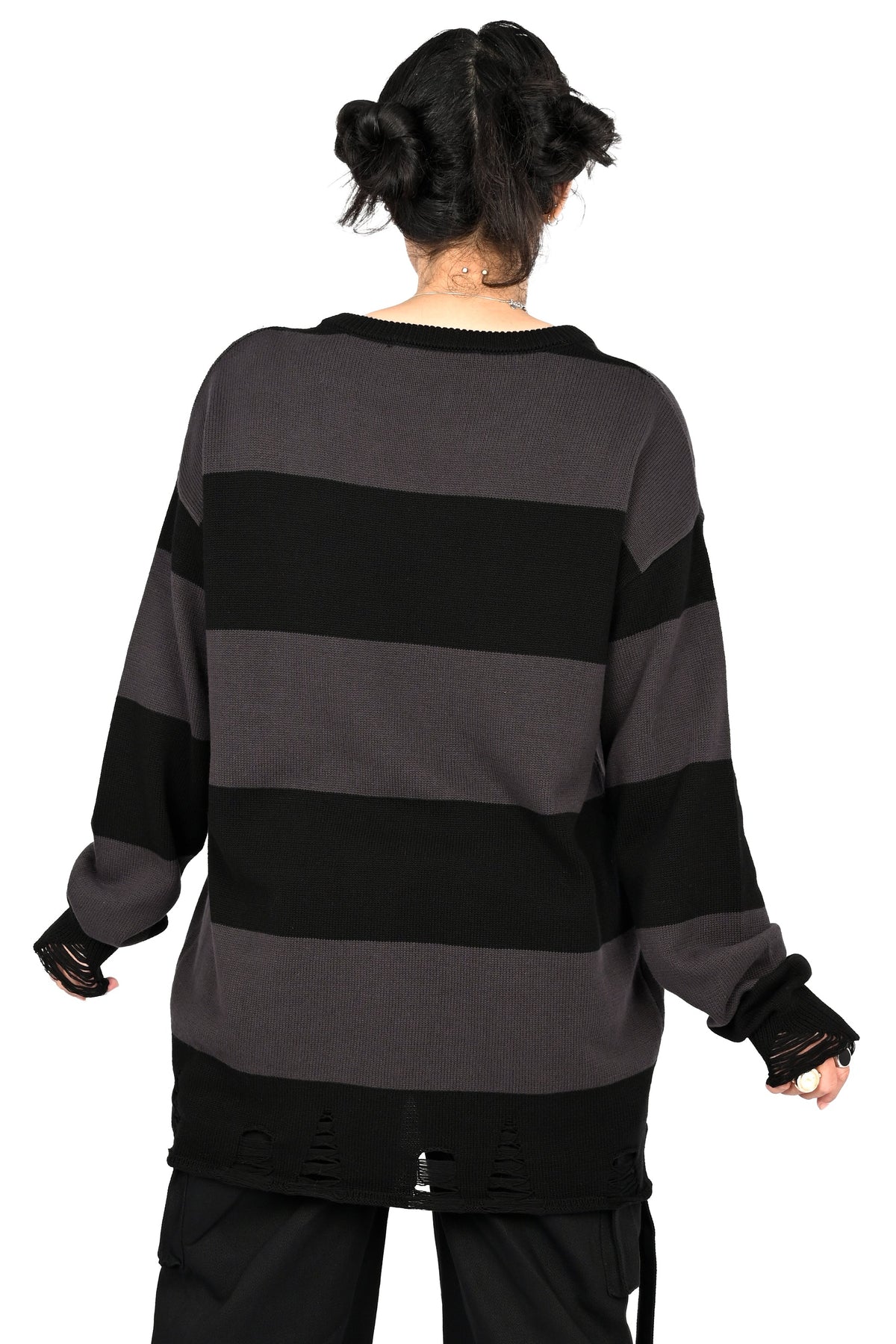 Black and grey striped sweater tunic with distressing on the bottom hem and cuffs