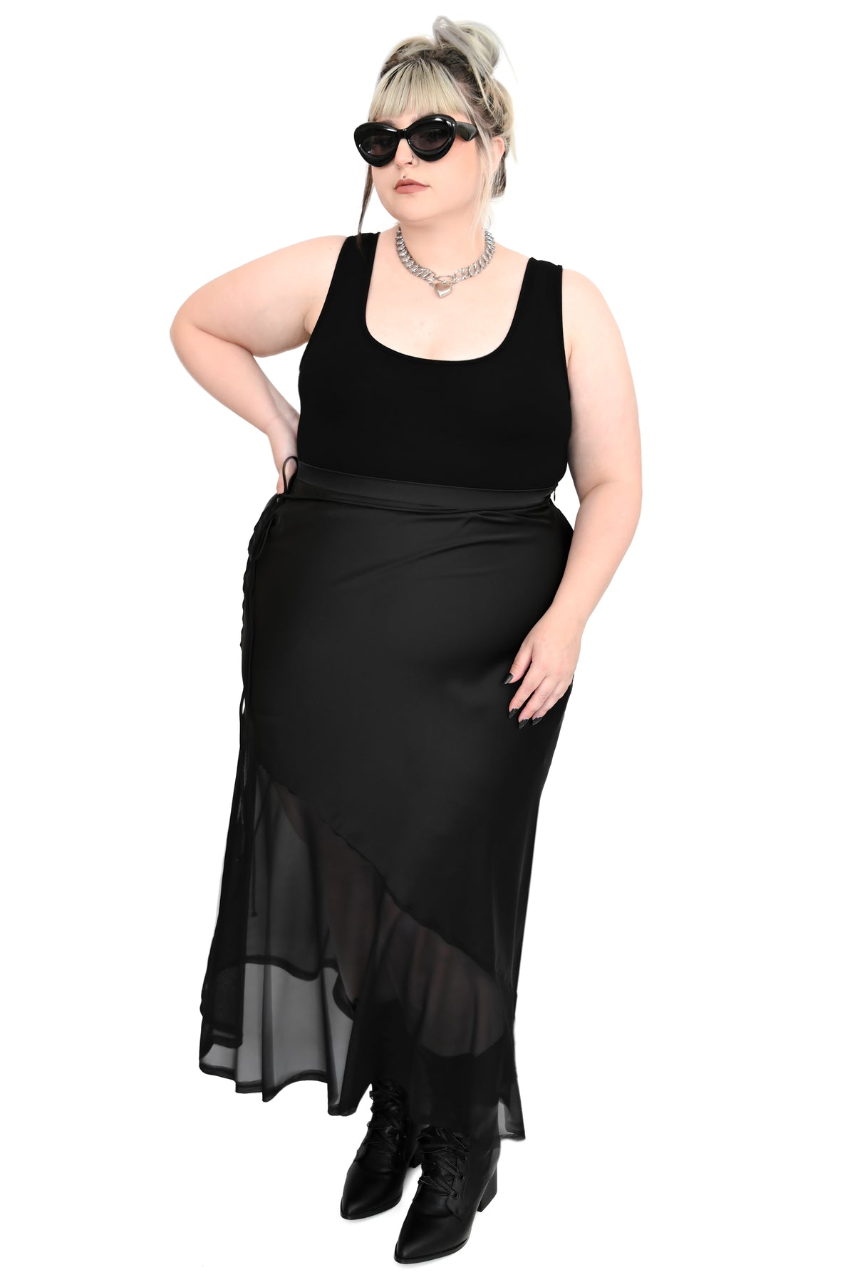 black satin maxi skirt with waist tie and mesh bottom panel