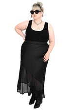 black satin maxi skirt with waist tie and mesh bottom panel