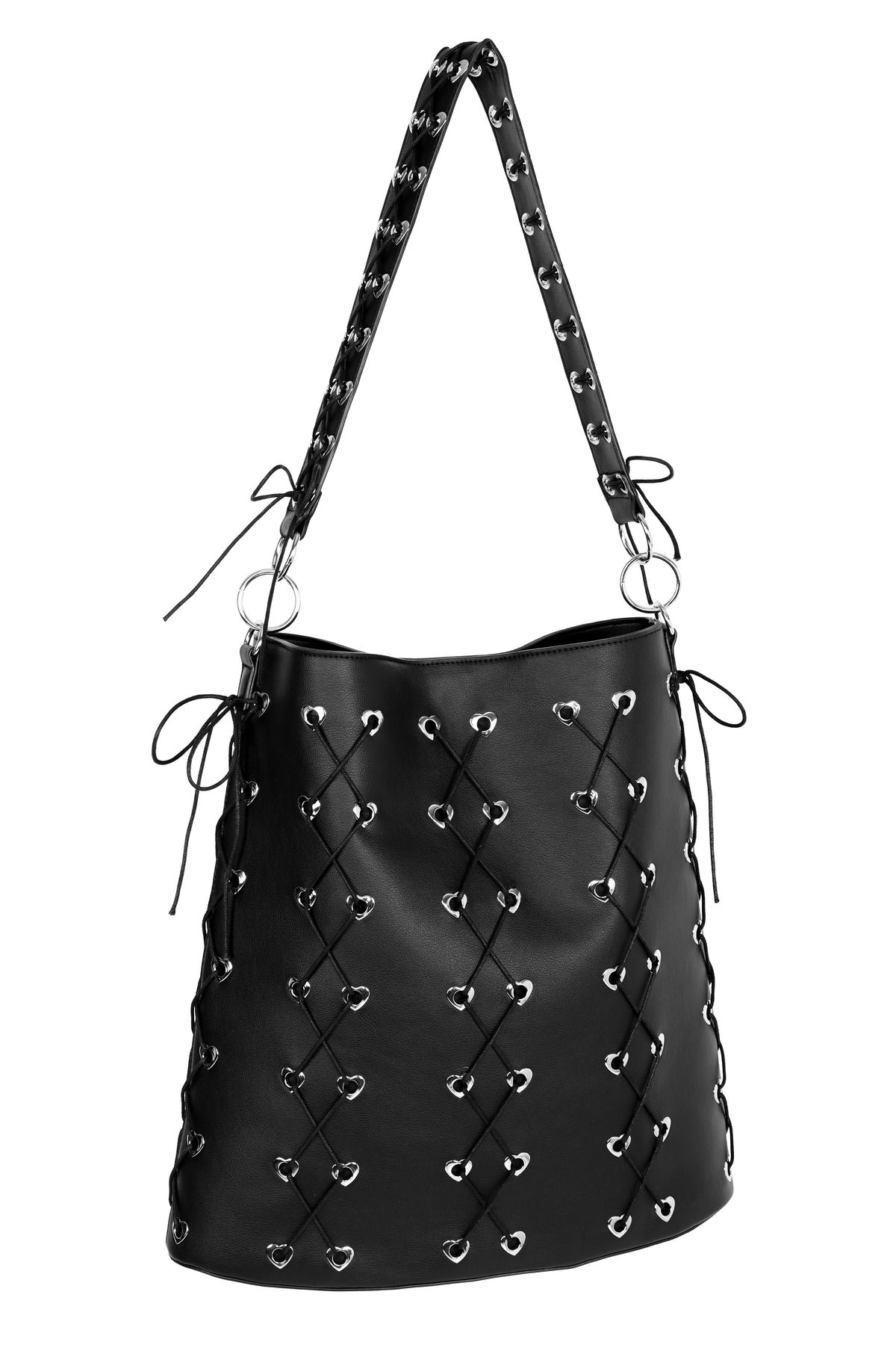 Large PU tote with heart grommets and corseted cording details.