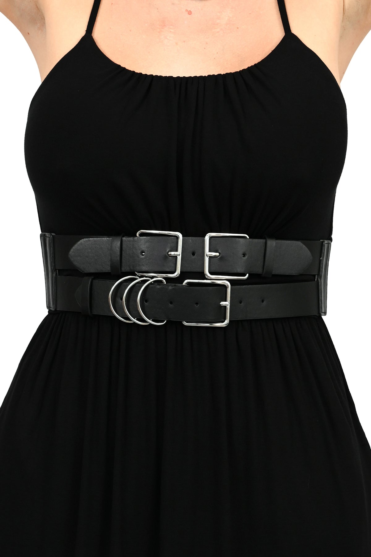 black vegan leather stacked belts with silver buckles