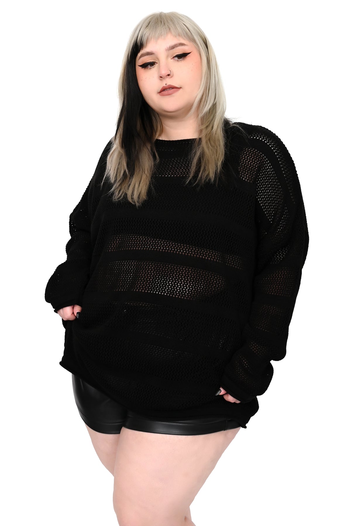 black loose knit sweater with black stripes