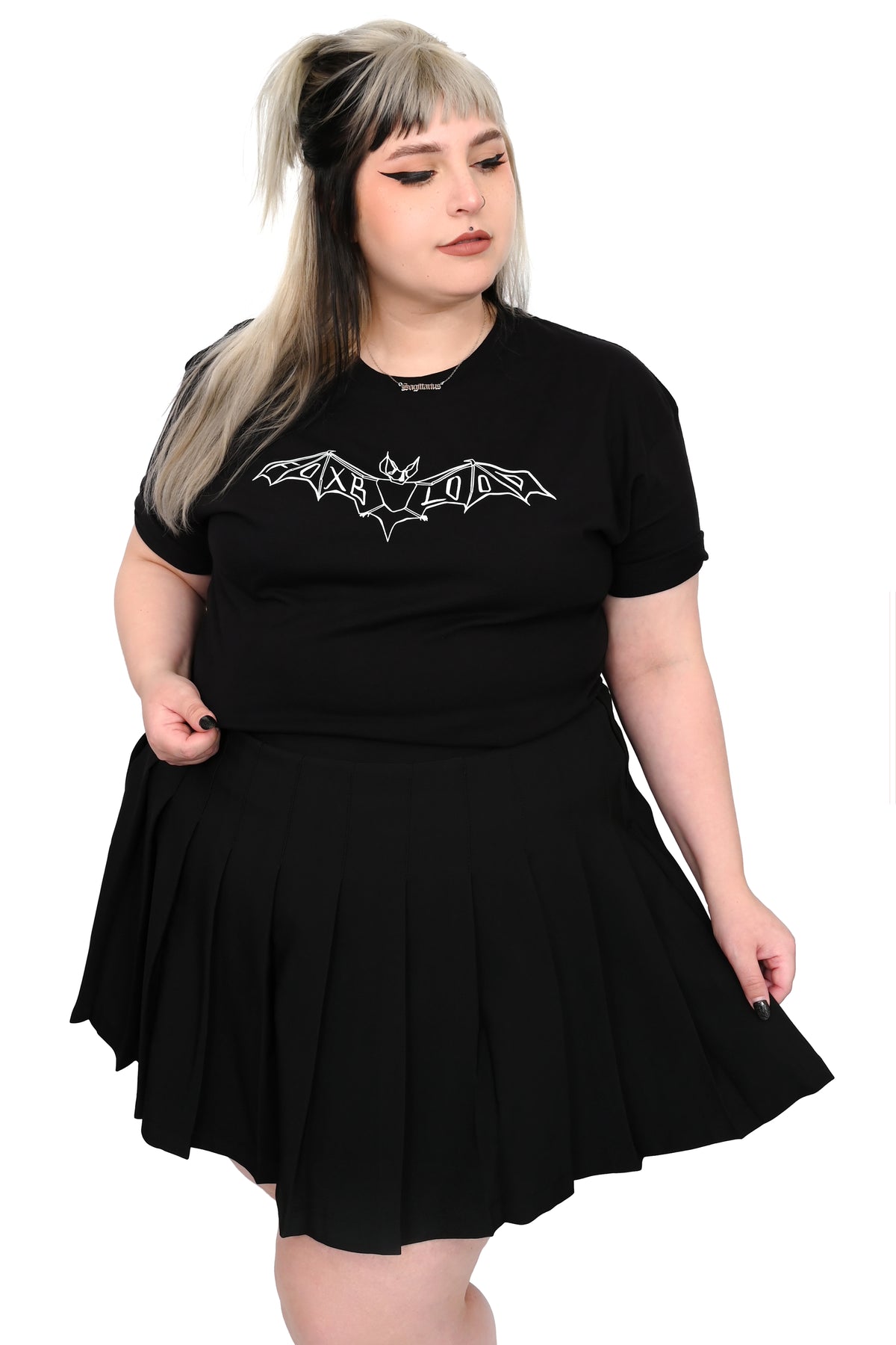 black t-shirt with "foxblood" printed on front in a bat outline