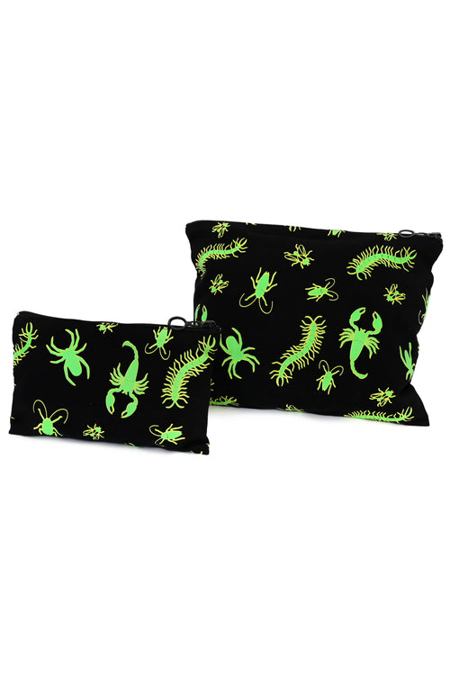 black zipper pouch set with neon green glow in the dark bugs pattern