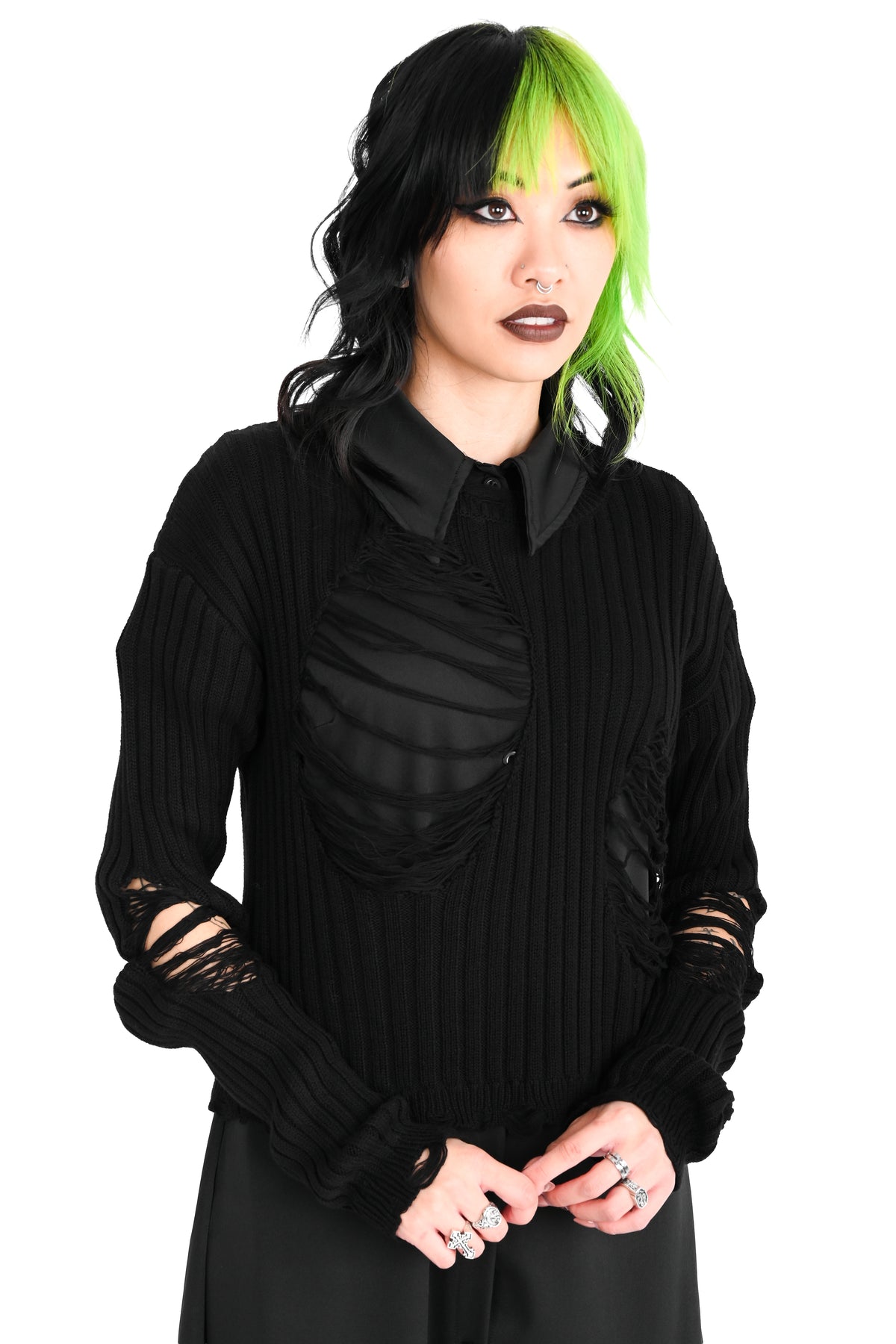 black ribbed shredded sweater with distressing all over