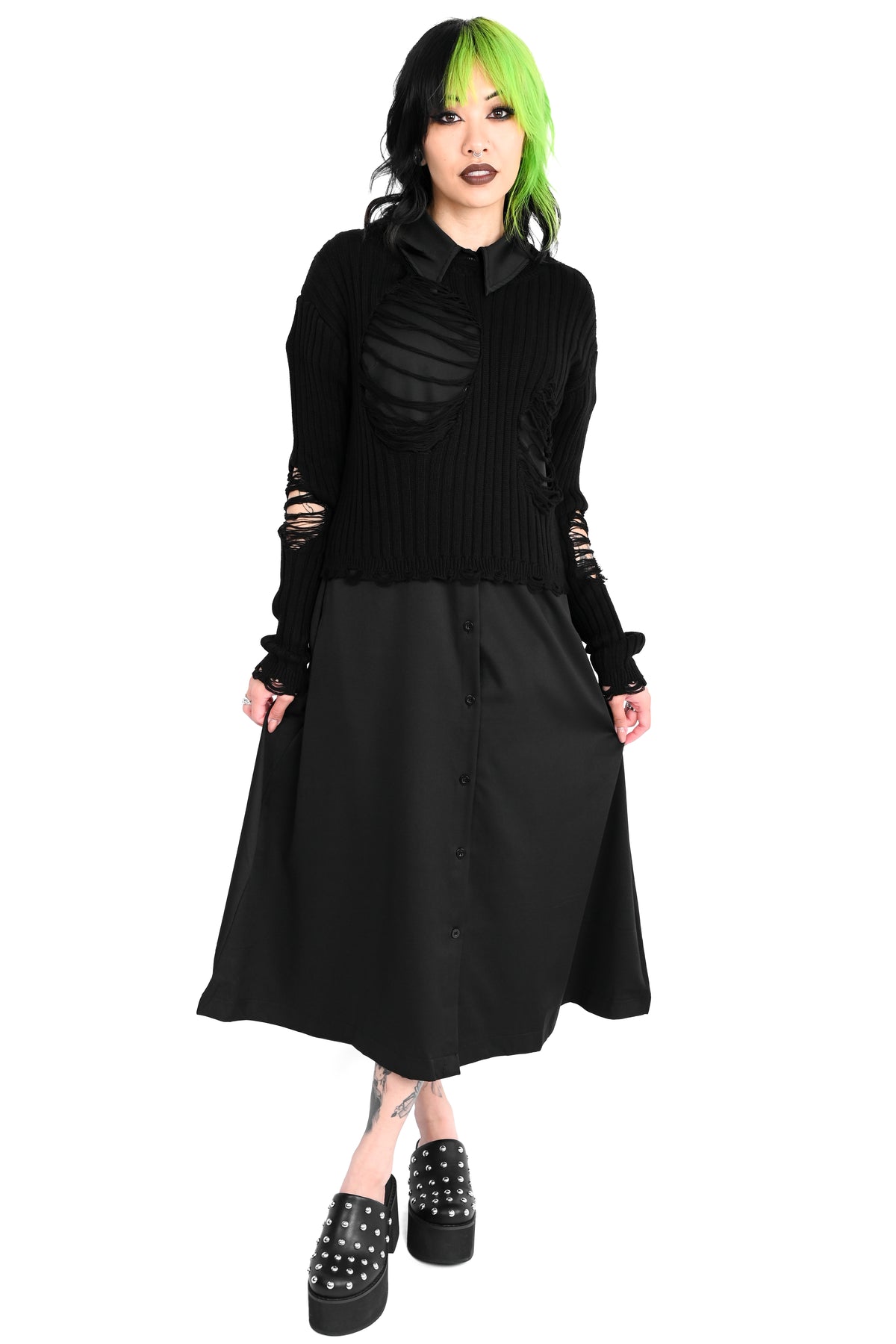 black ribbed shredded sweater with distressing all over