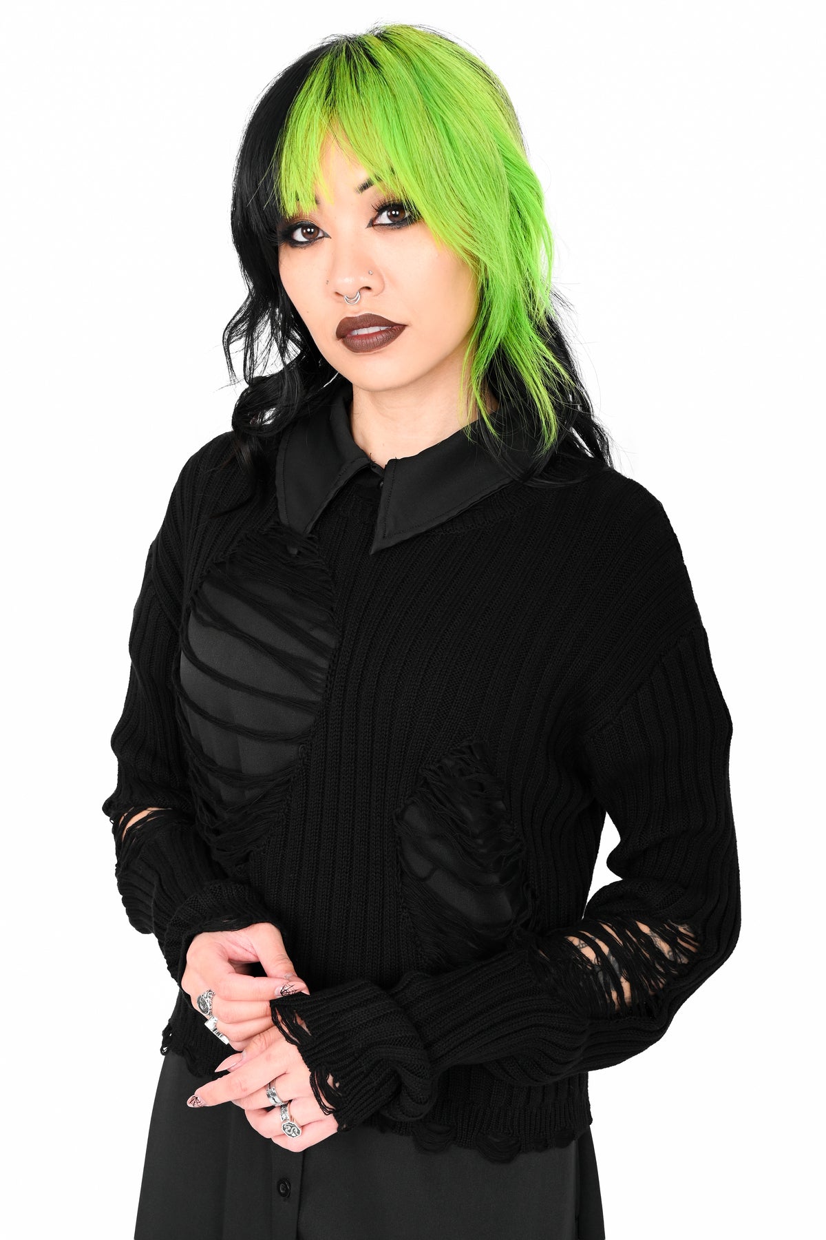 black ribbed shredded sweater with distressing all over