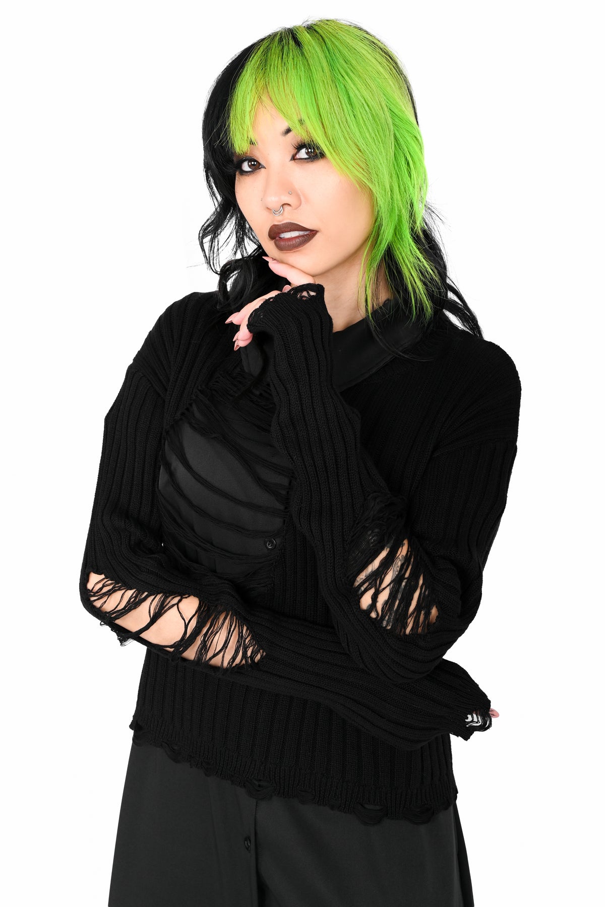 black ribbed shredded sweater with distressing all over