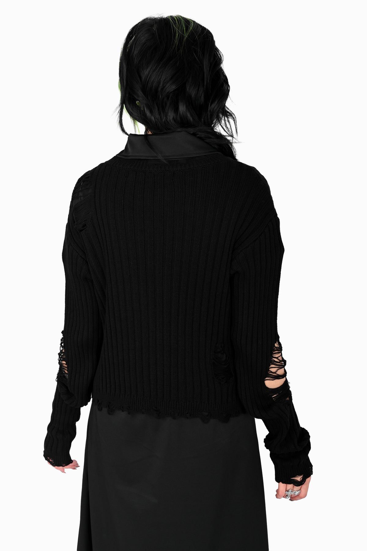 black ribbed shredded sweater with distressing all over