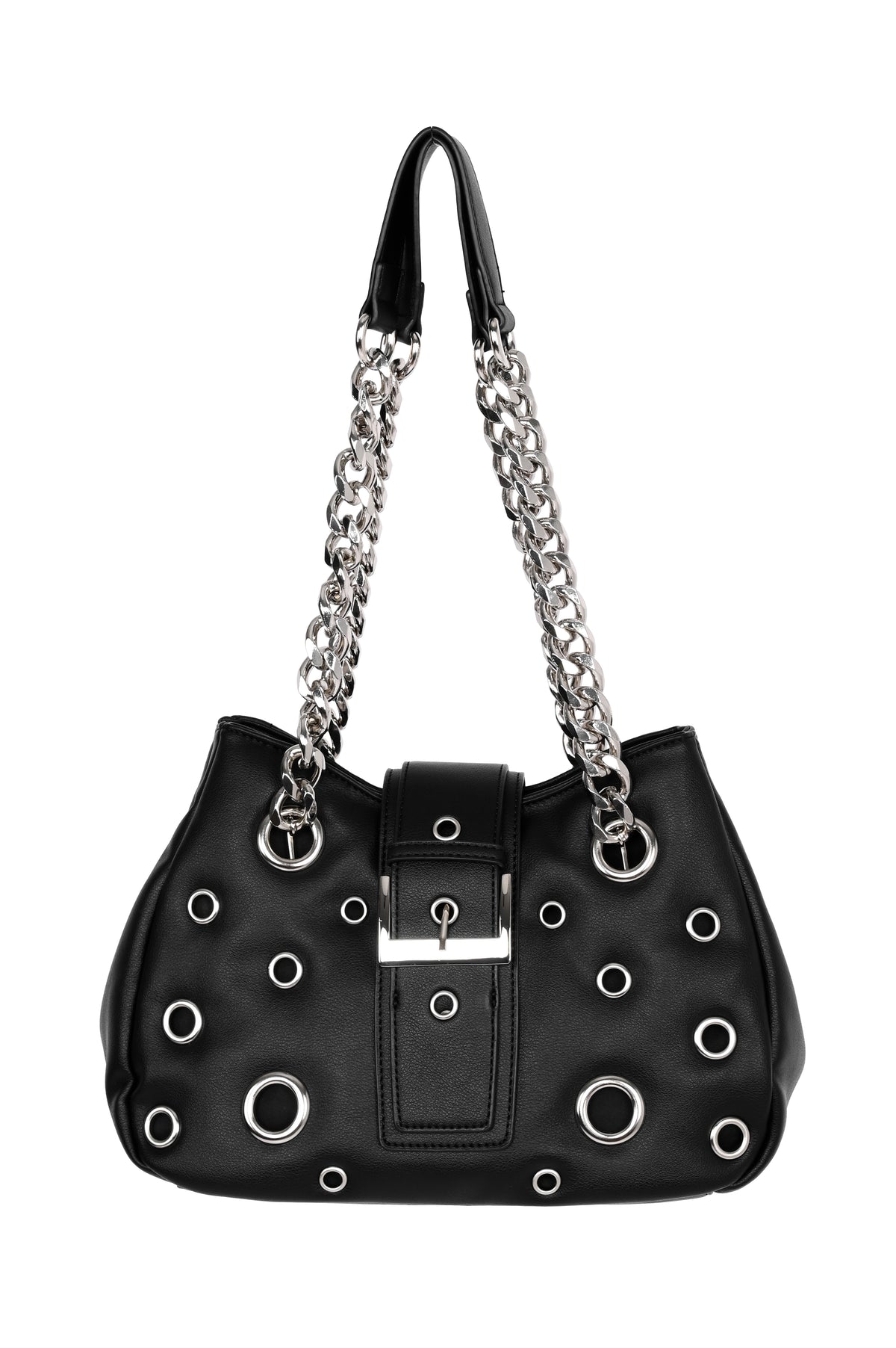 black vegan leather shoulder bag with silver chain and vegan leather shoulder straps. it has different size grommets all over, and a faux buckle strap with magnetic closure.