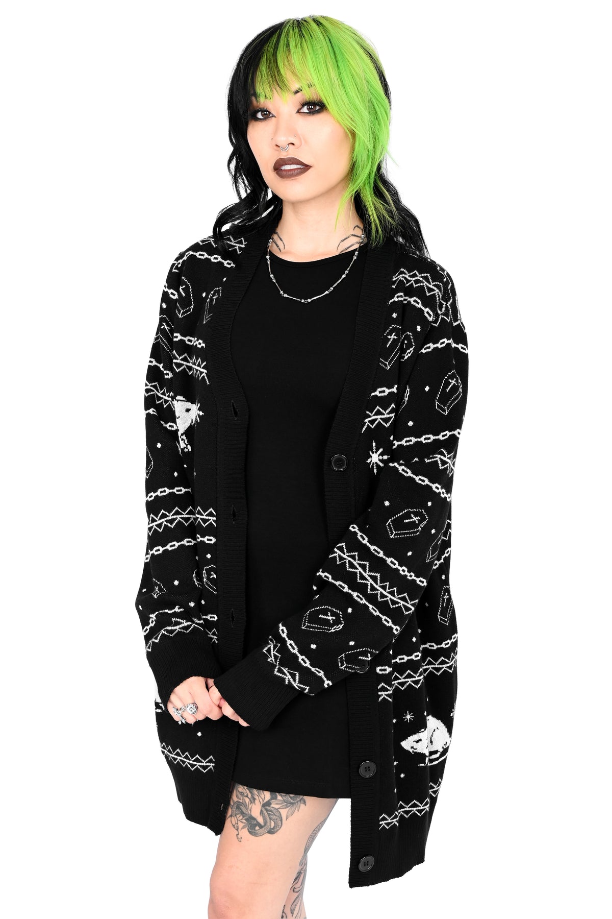 Black button up cardigan featuring little rats, snowflakes, chains and coffins