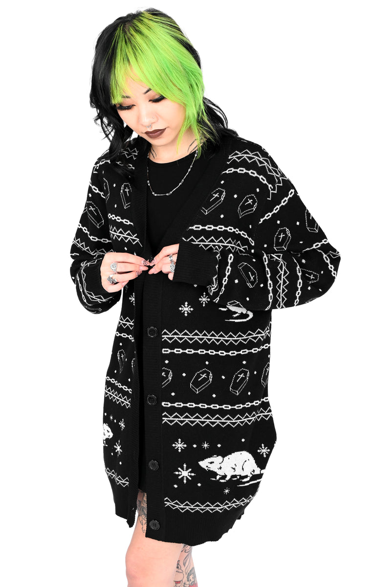 Black button up cardigan featuring little rats, snowflakes, chains and coffins