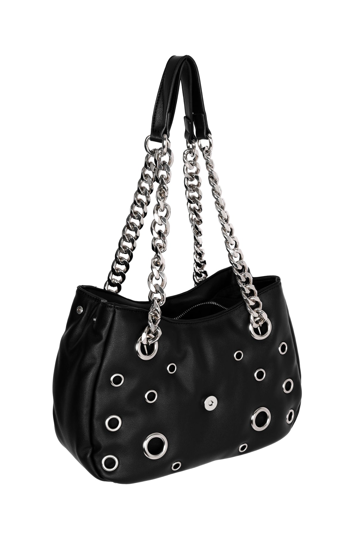 3/4 view of a black vegan leather shoulder bag with silver chain and vegan leather shoulder straps. it has different size grommets all over, and a faux buckle strap with magnetic closure.
