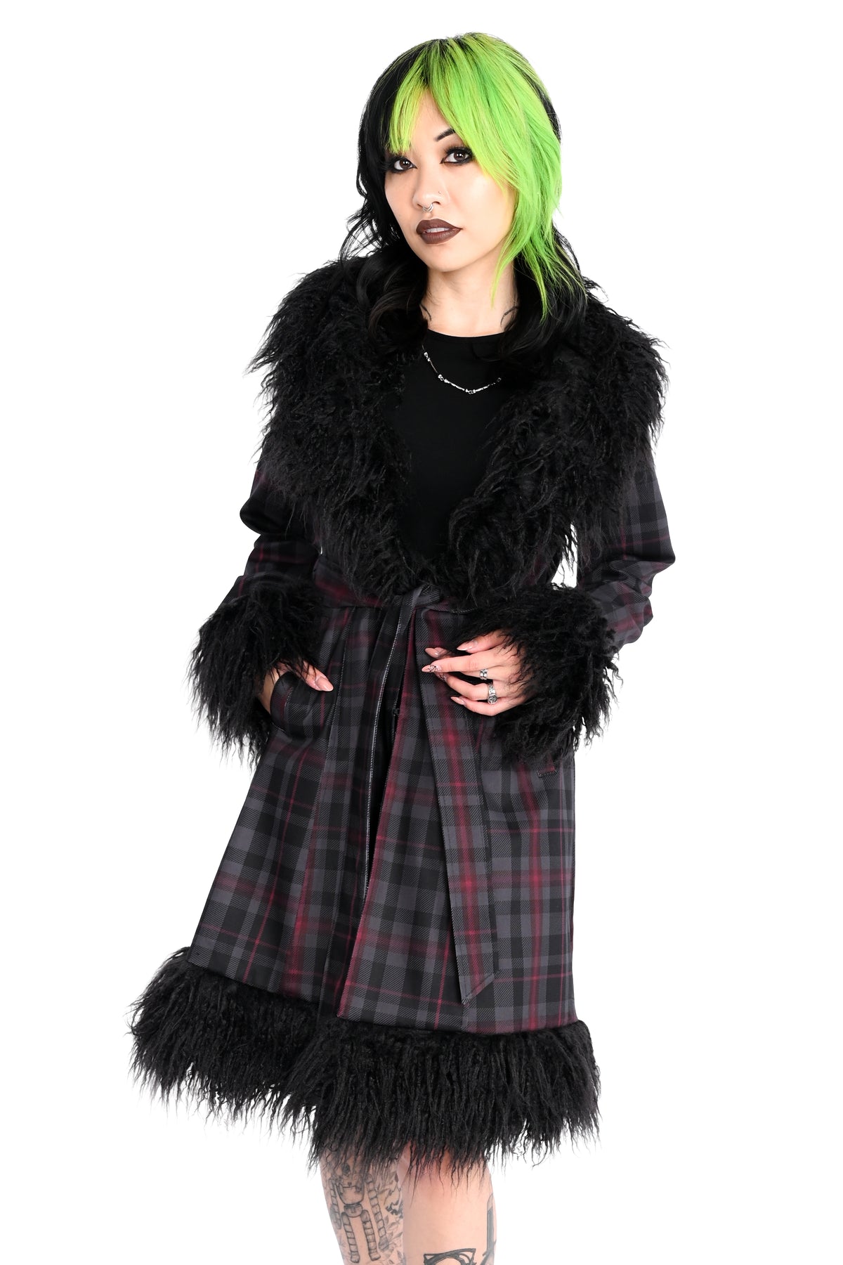 long grey and burgundy plaid coat with faux fur trim