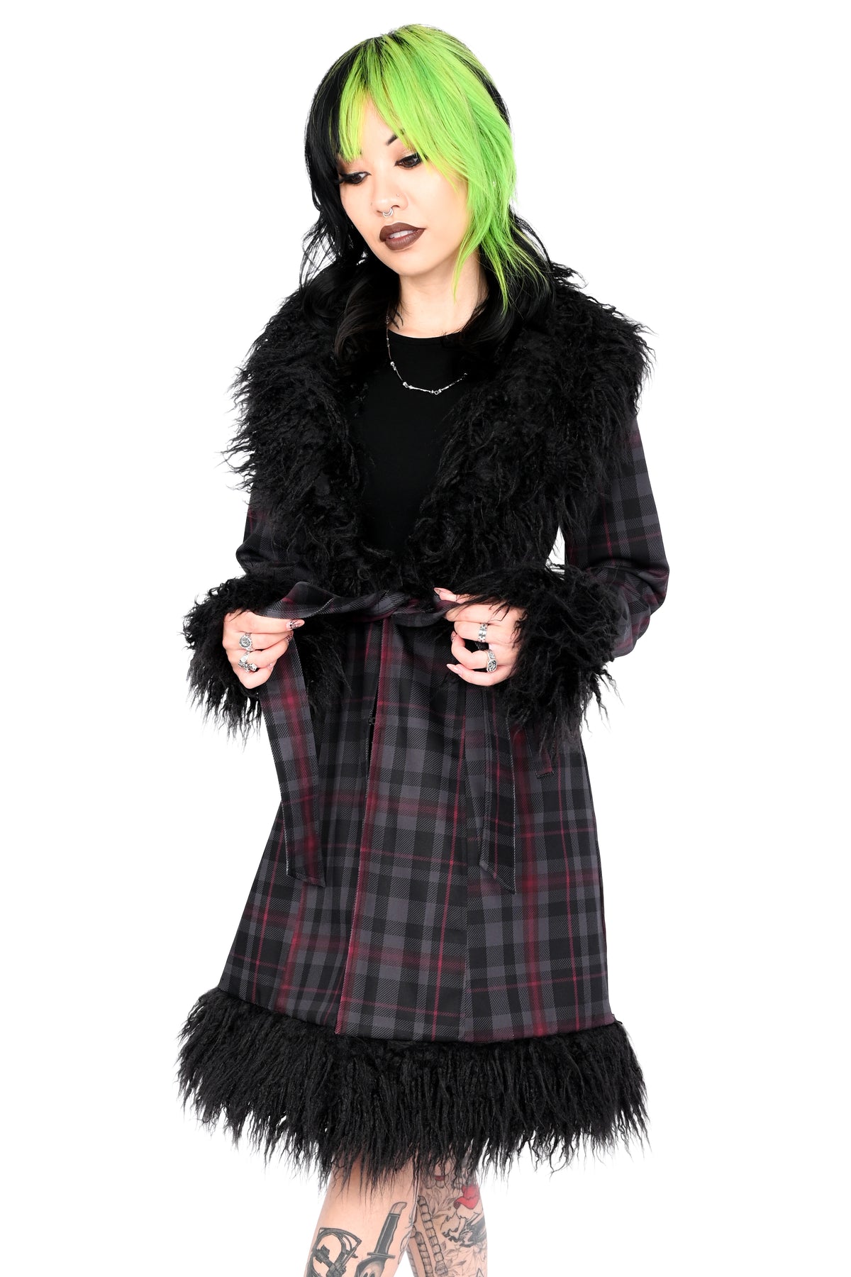 long grey and burgundy plaid coat with faux fur trim