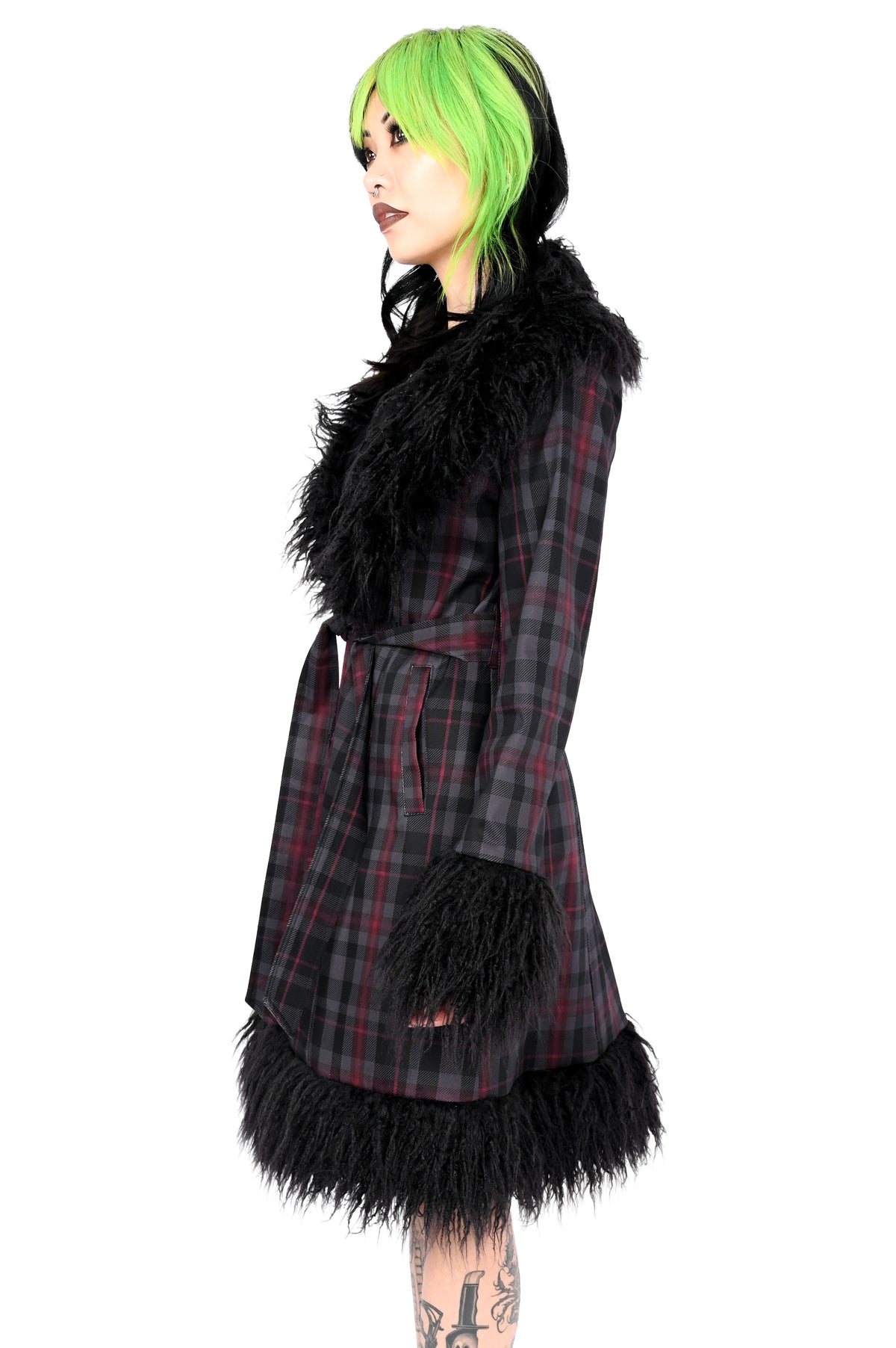 long grey and burgundy plaid coat with faux fur trim