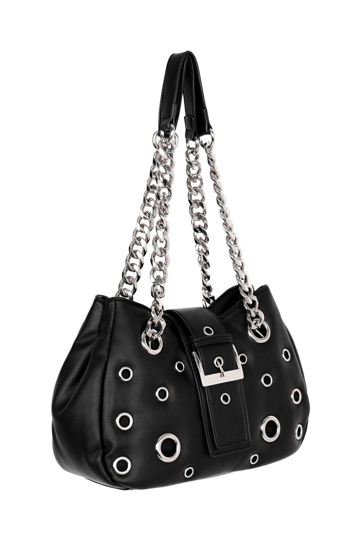 black vegan leather shoulder bag with silver chain and vegan leather shoulder straps. it has different size grommets all over, and a faux buckle strap with magnetic closure. photographed at 3/4 view on a white background.