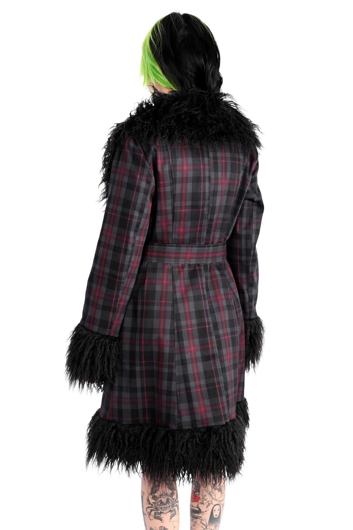 long grey and burgundy plaid coat with faux fur trim