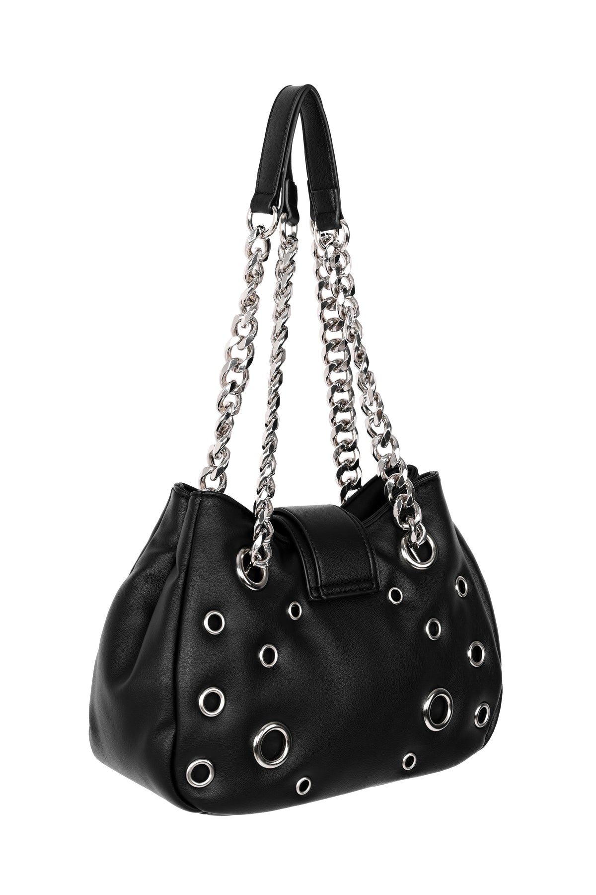 black vegan leather shoulder bag with silver chain and vegan leather shoulder straps. it has different size grommets all over, and a faux buckle strap with magnetic closure. it's photographed from the back on a white background.