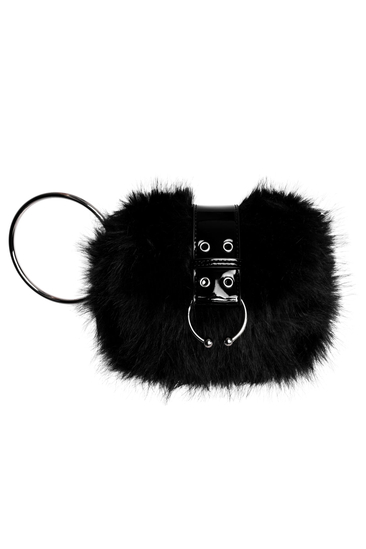 A black furry accessory with a glossy black strap, silver-tone grommets, and a large black metal O-ring, shown on a plain white background.