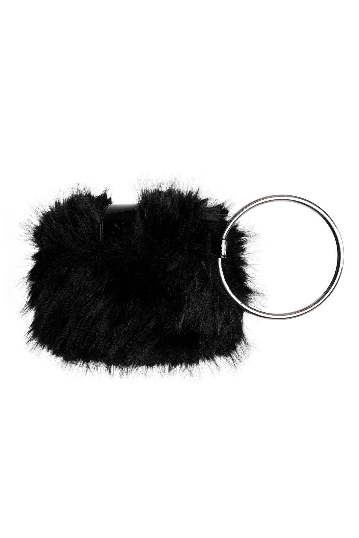 back view of a black faux fur bag with a silver metal o-ring, shown against a plain white background