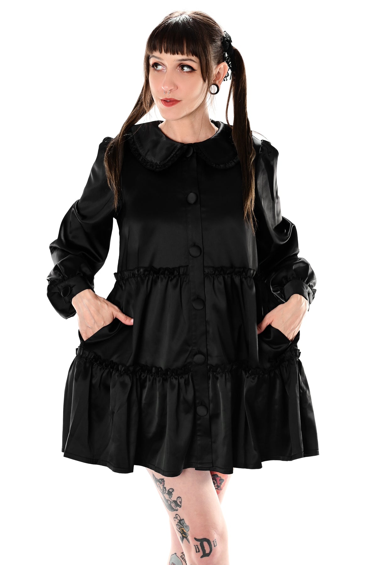 black satin button up dress with long sleeves and collar