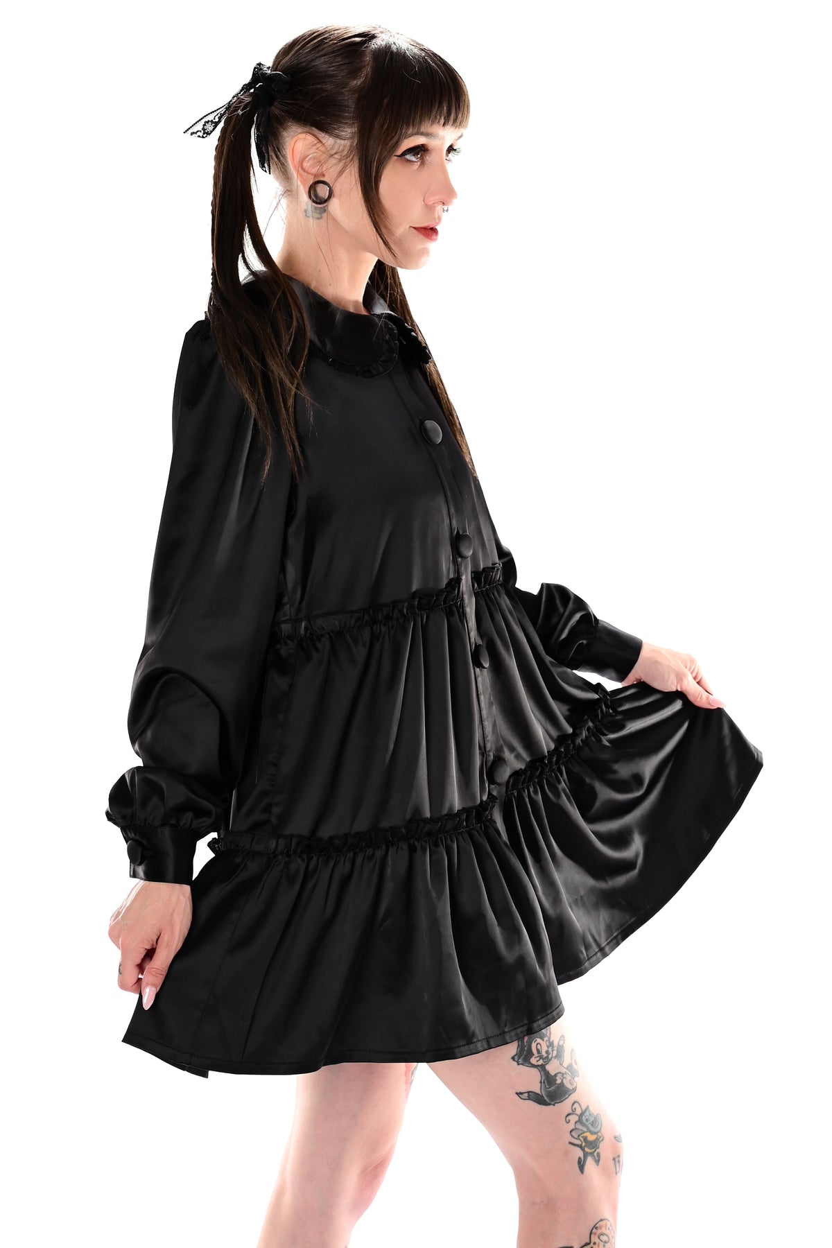 black satin button up dress with long sleeves and collar