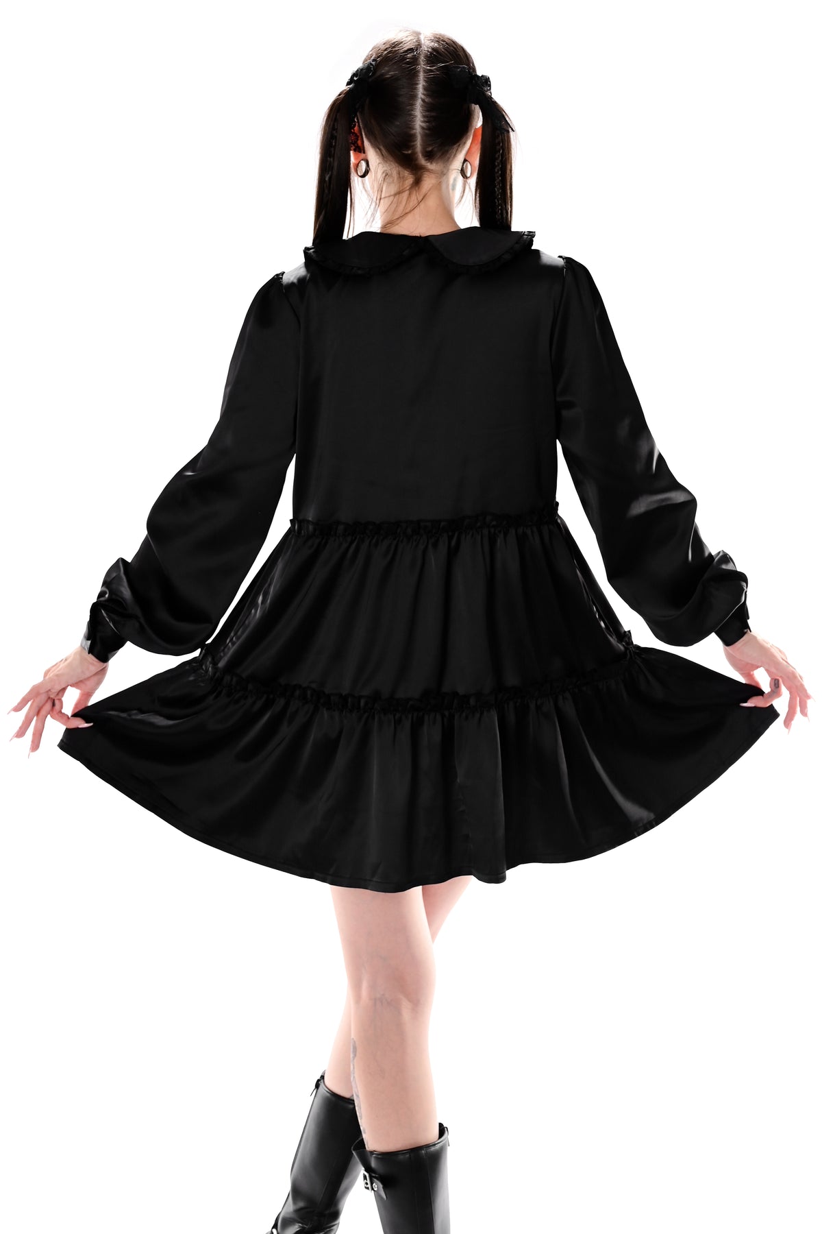 black satin button up dress with long sleeves and collar