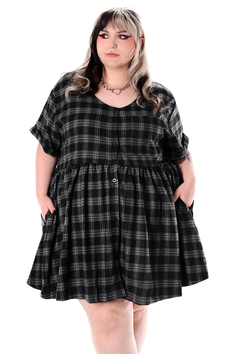 grey plaid button up babydoll dress