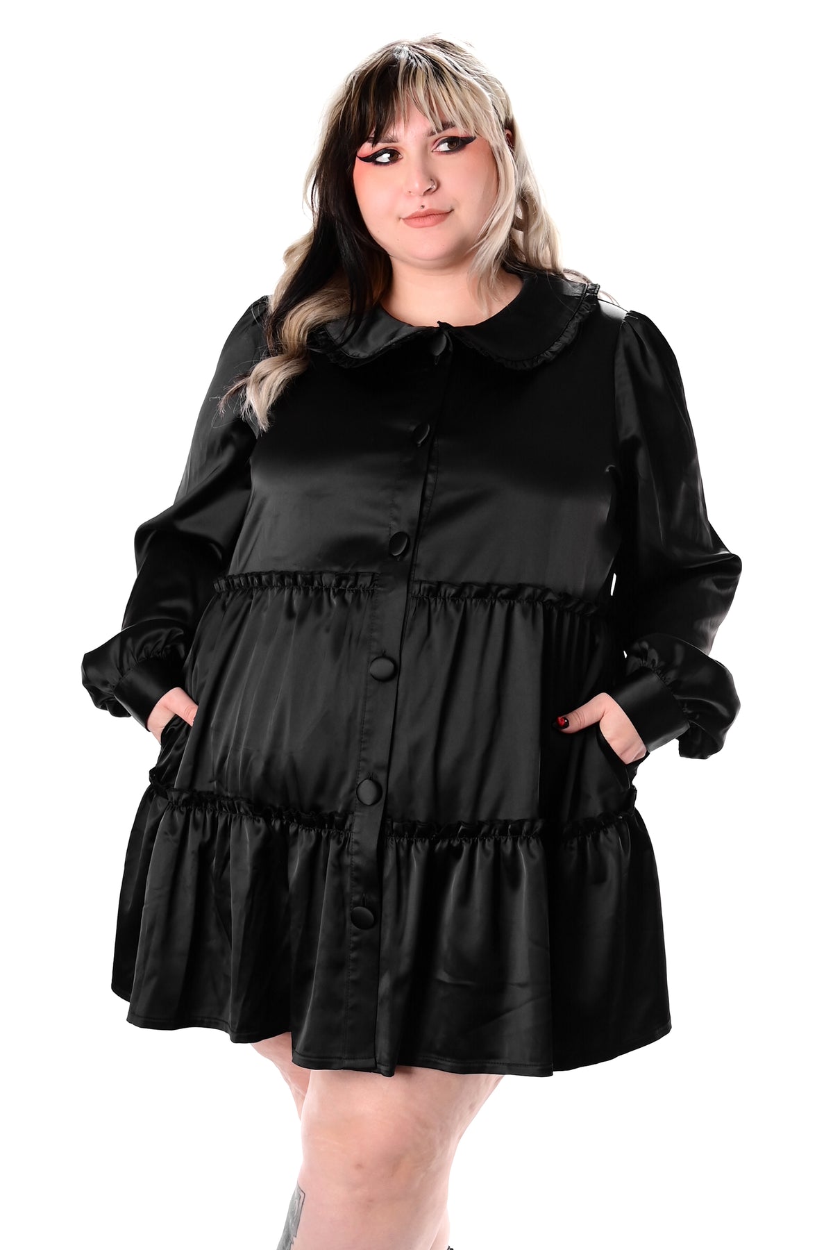 black satin button up dress with long sleeves and collar