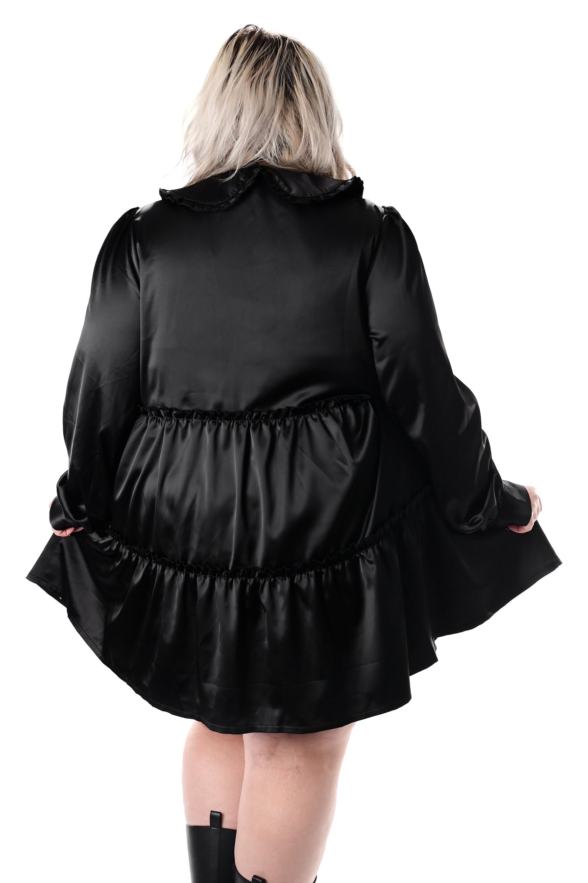 black satin button up dress with long sleeves and collar