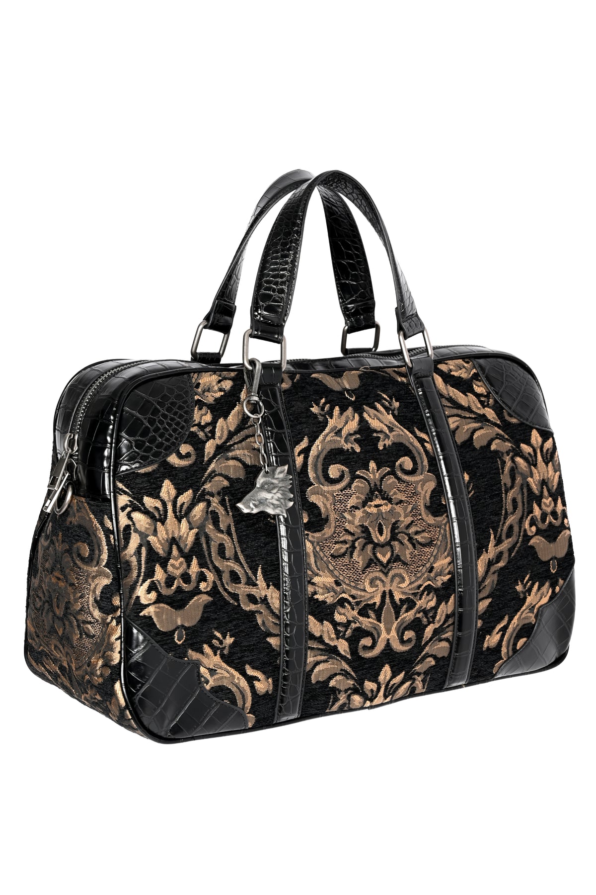 A black and gold patterned duffel bag with glossy black handles and trim, featuring a silver boar-shaped charm, shown on a plain white background.