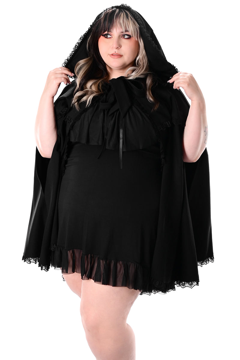 black oversized hooded cape with lace detailing and tie front