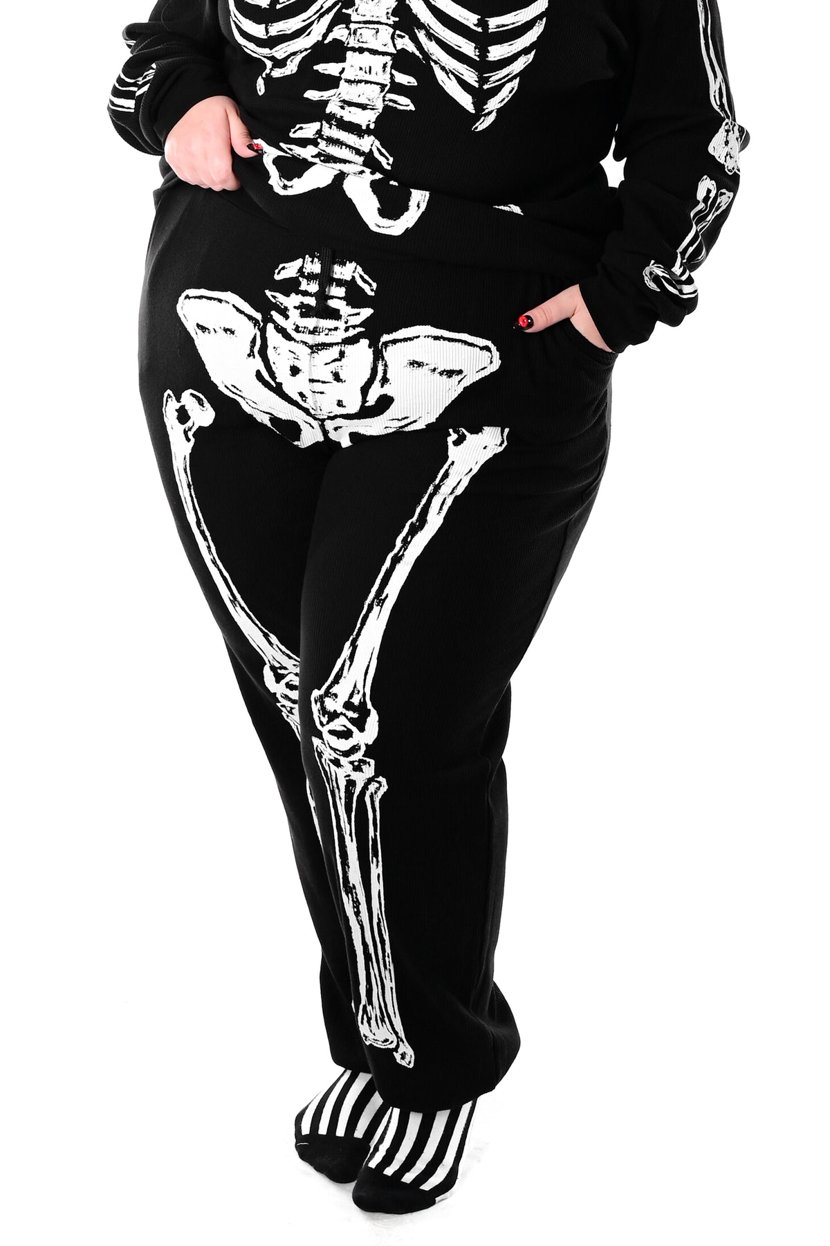 black thermal joggers with skeleton leg print