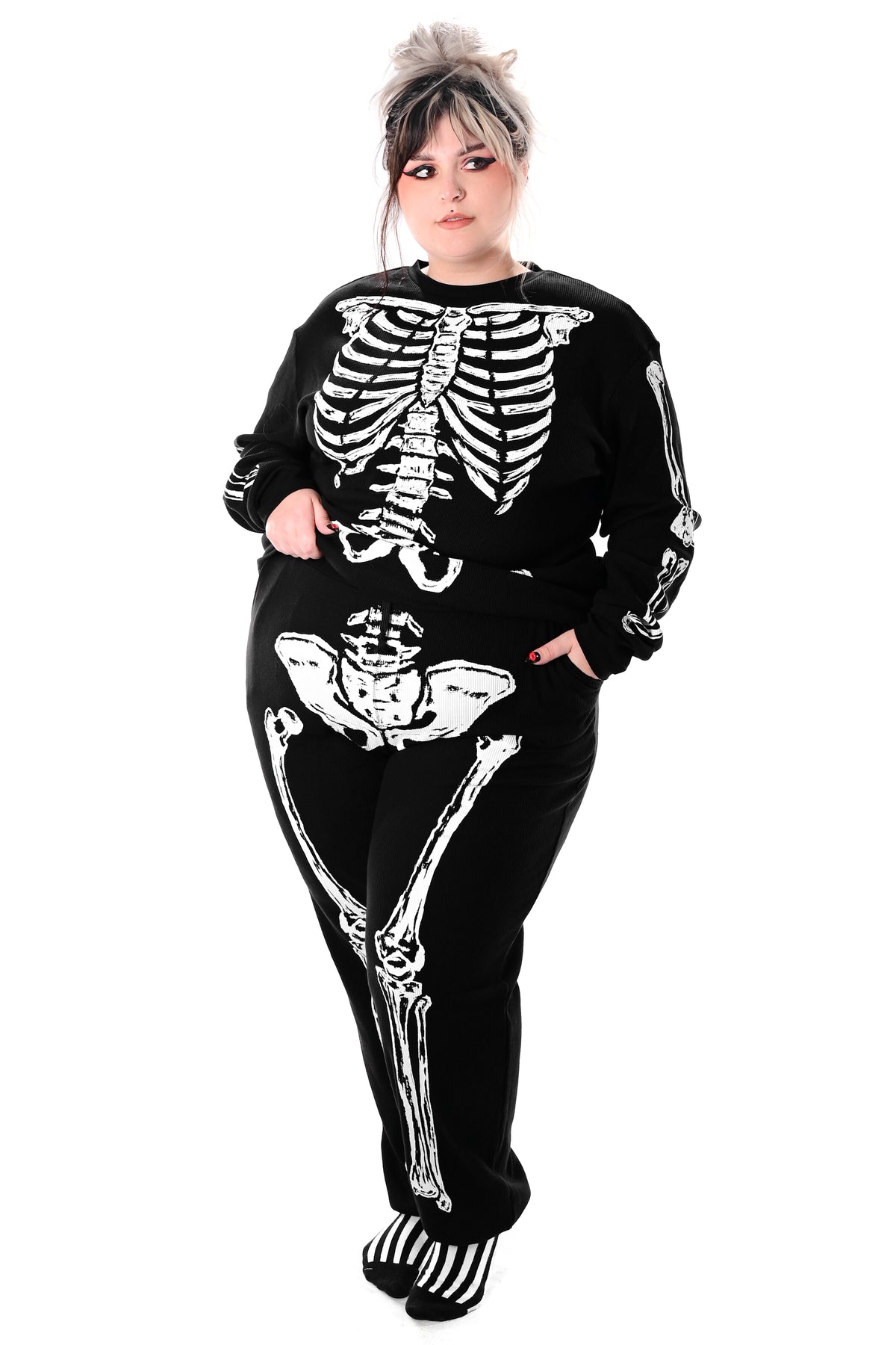 black thermal long sleeve top with skeleton print and thumbholes