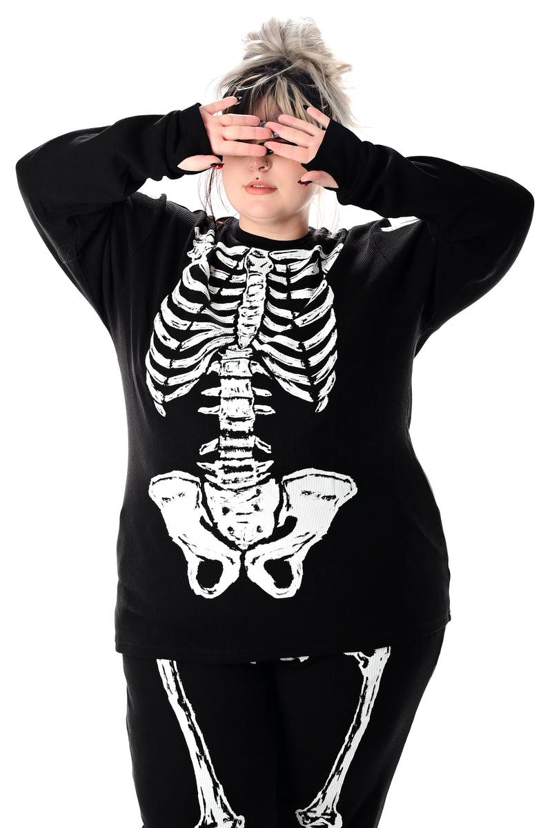 black thermal long sleeve top with skeleton print and thumbholes