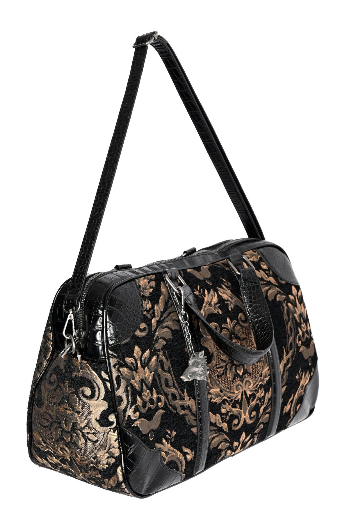 A black and gold damask-patterned duffel bag with black faux-leather trim and a single shoulder strap, shown on a plain white background.